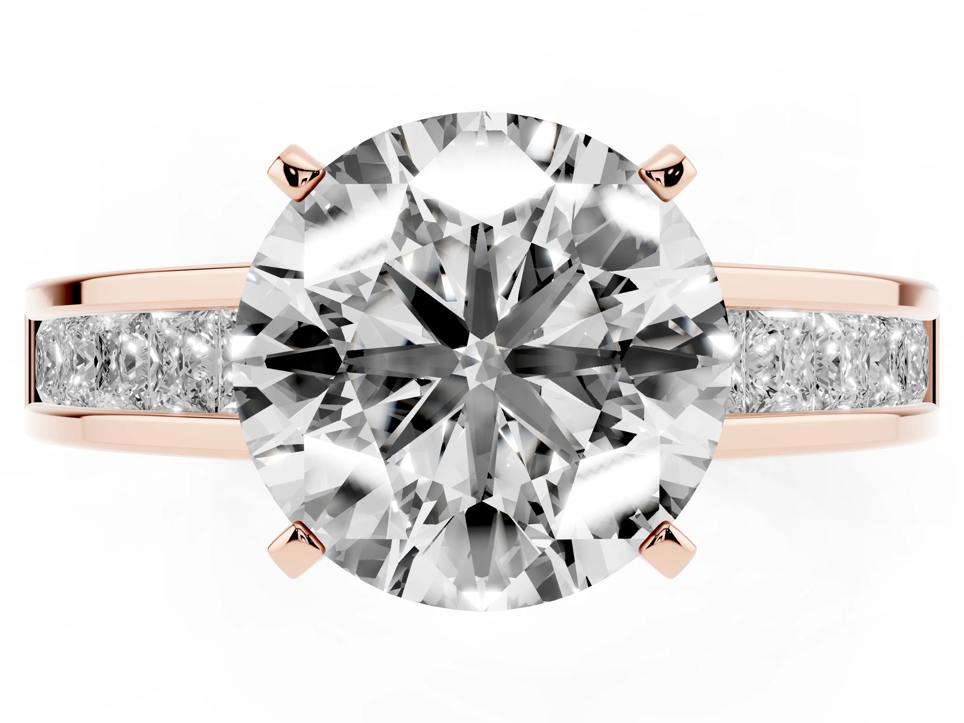 Round Cut Diamond Solitaire Ring Set in Rose gold with Channel-Set Band and Prong Setting