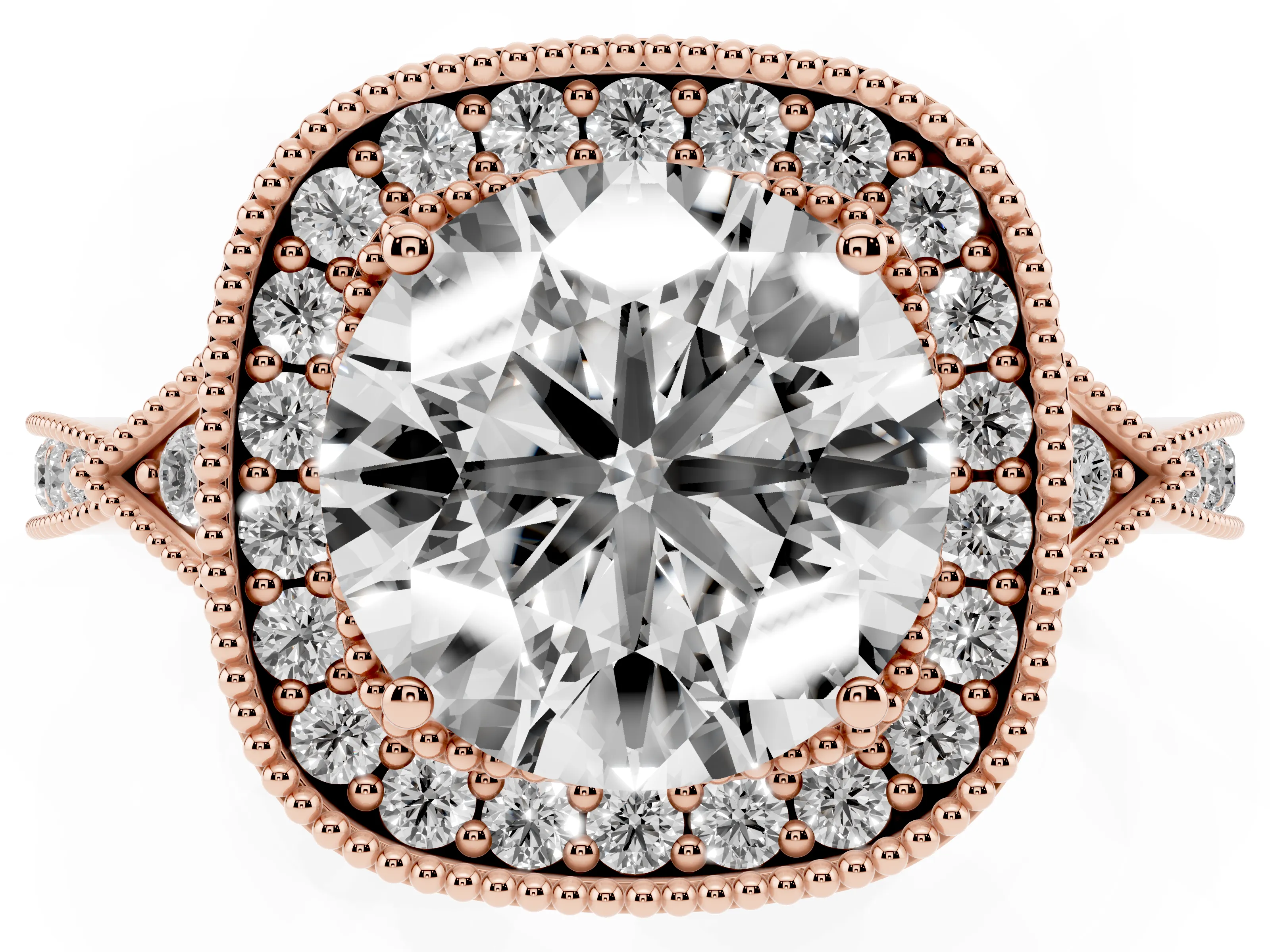 Round Cut Diamond Halo Engagement Ring Set in Rose gold with Milgrain Pavé Band
