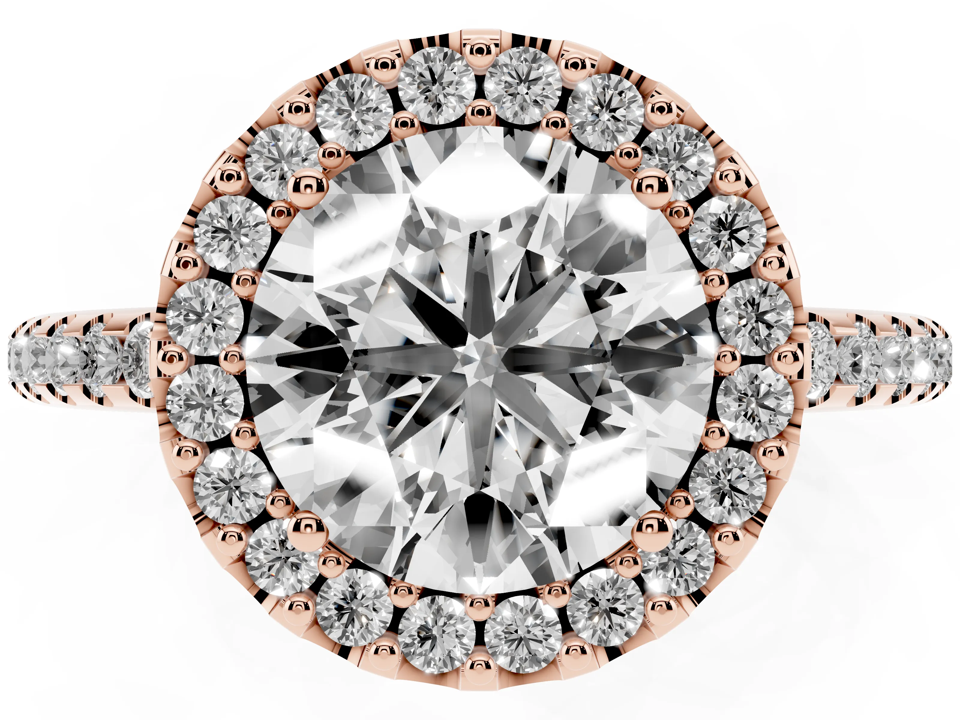Round Cut Diamond Pavé Halo Ring Set in Rose gold with Prong Setting