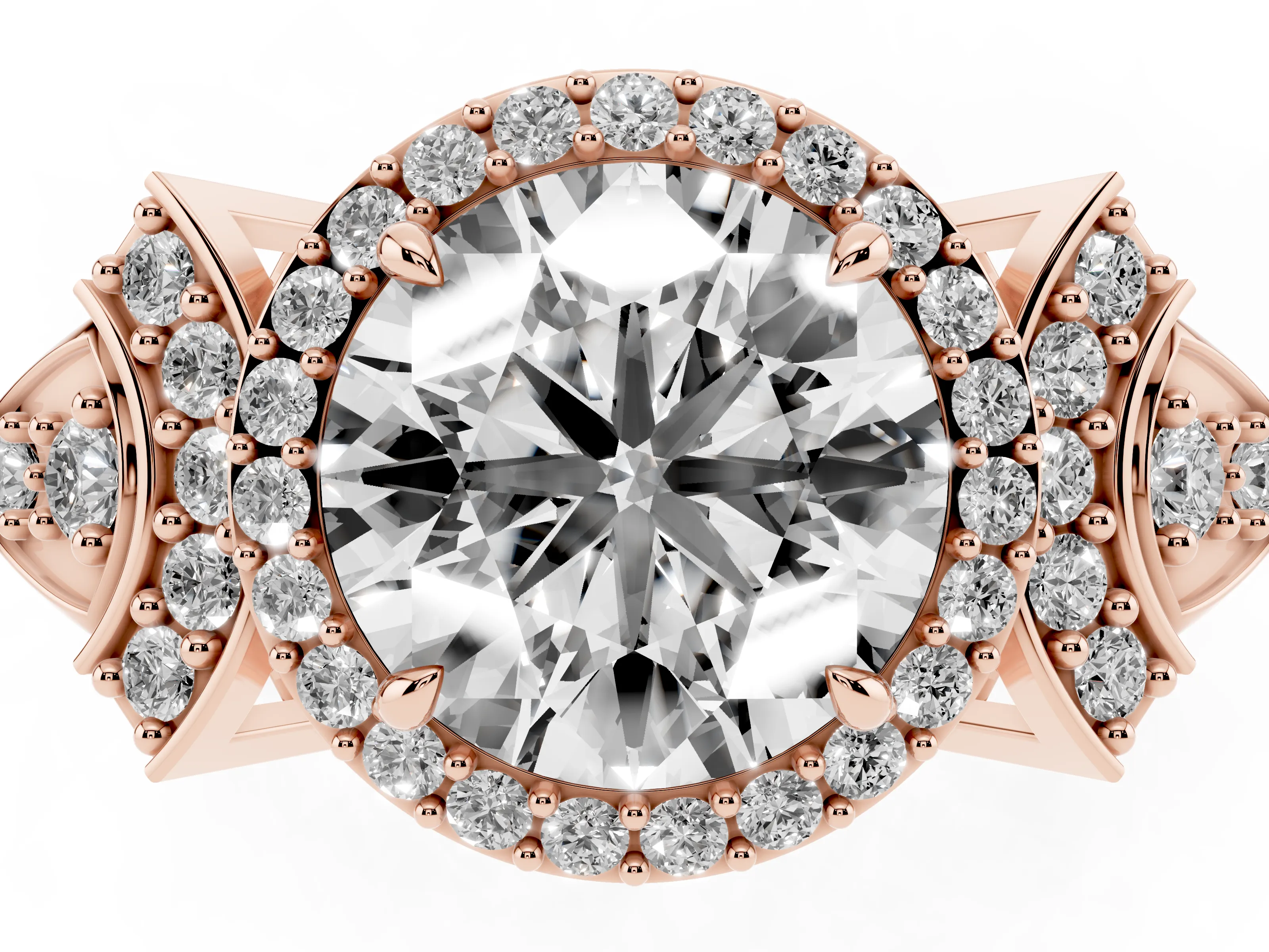 Round Cut Diamond Halo Engagement Ring Set in Rose gold with Accent Stone Split Shank
