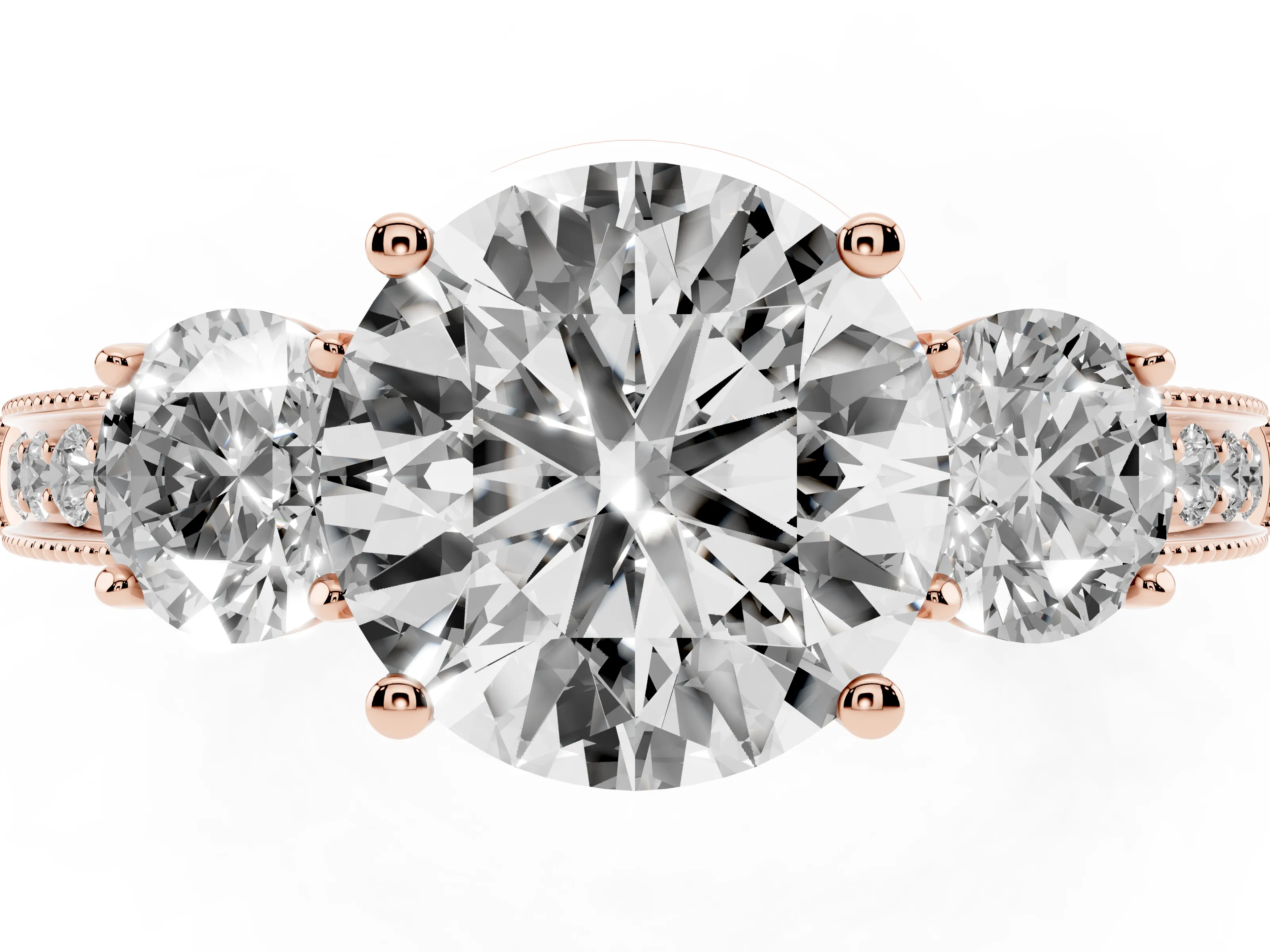 Round Cut Diamond Three-Stone Ring Set in Rose gold with Round Side Stones and Pavé Band