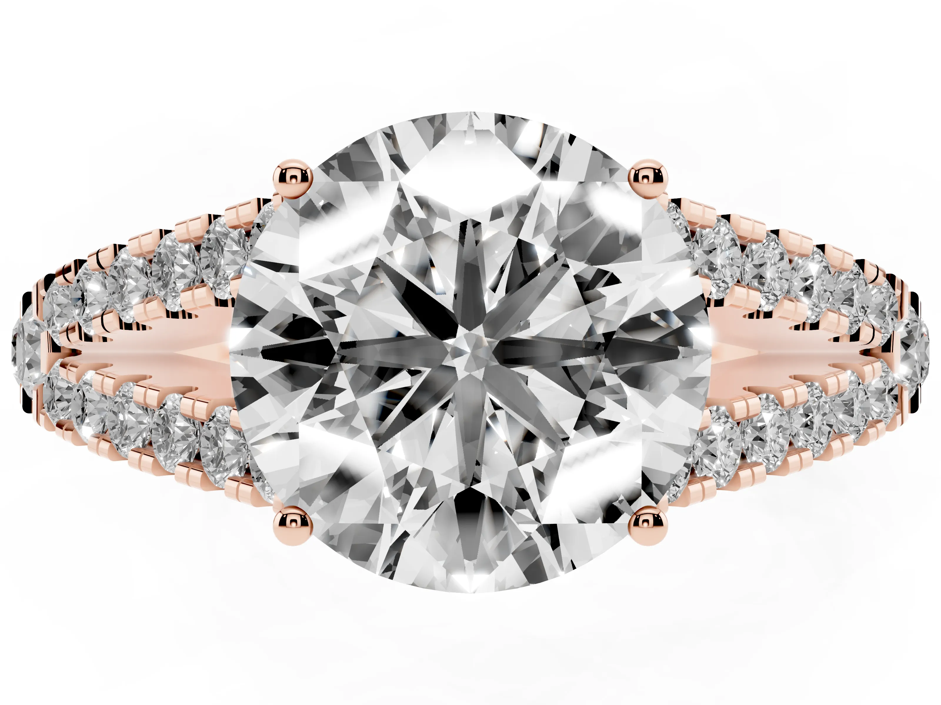 Round Cut Diamond Split Shank Pavé Engagement Ring Set in Rose gold with Prong-Held Center Stone