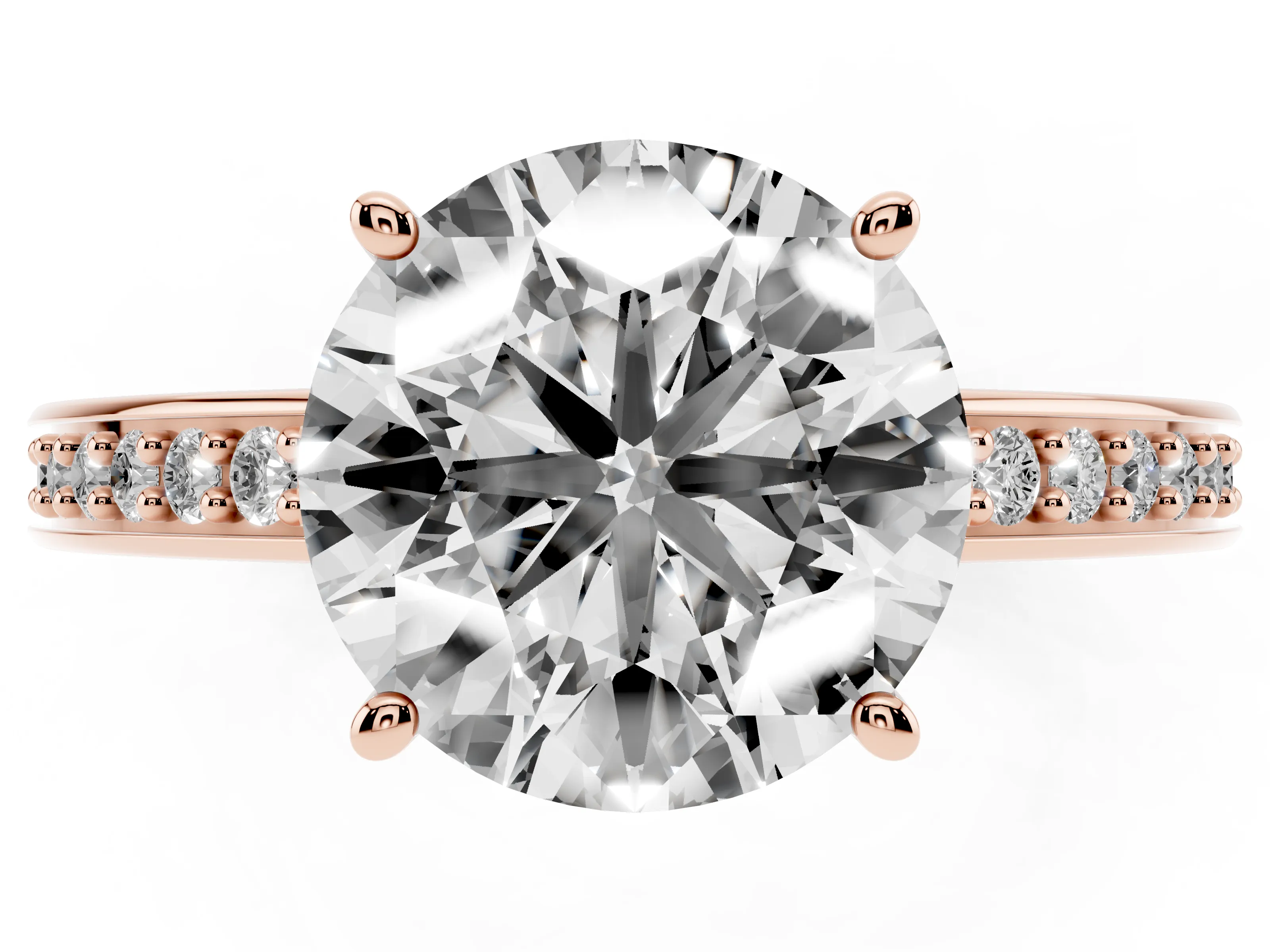 Round Cut Diamond Pavé Band Prong Set Solitaire Ring Set in Rose gold