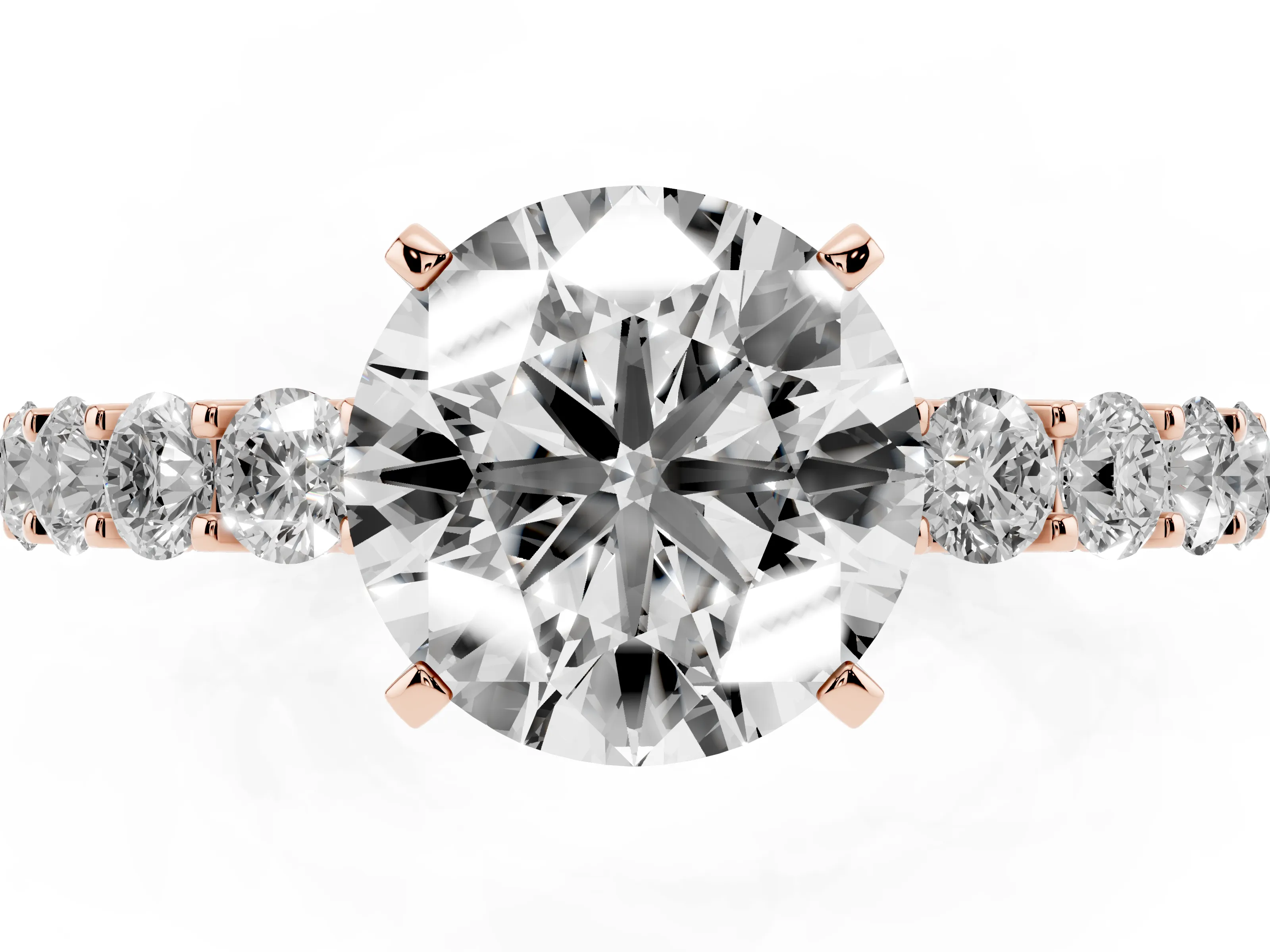 Round Cut Diamond Solitaire Ring Set in Rose gold with Shared Prong Pavé Band