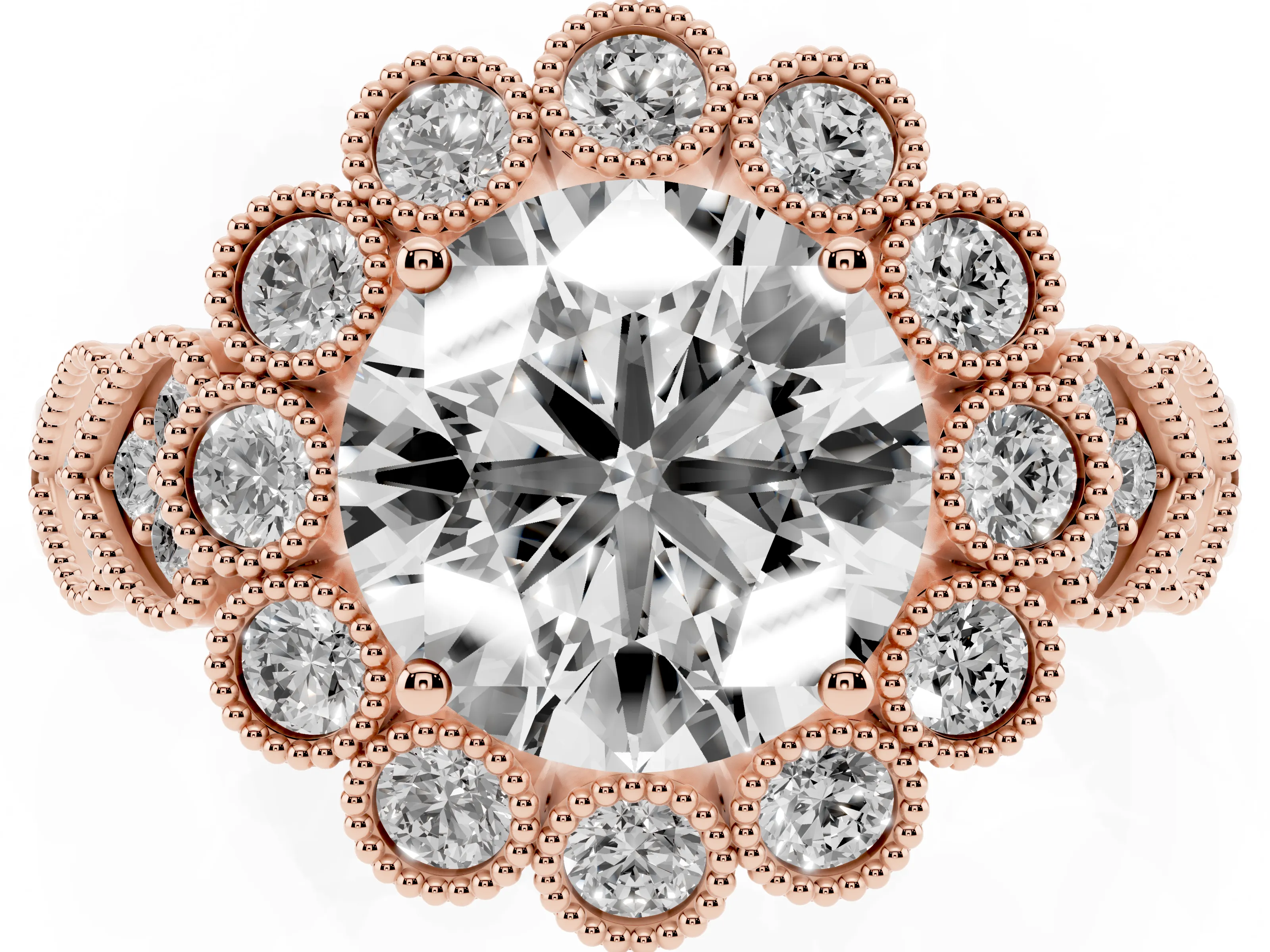 Round Cut Diamond Solitaire Ring Set in Rose gold with Milgrain Pavé Heart Band