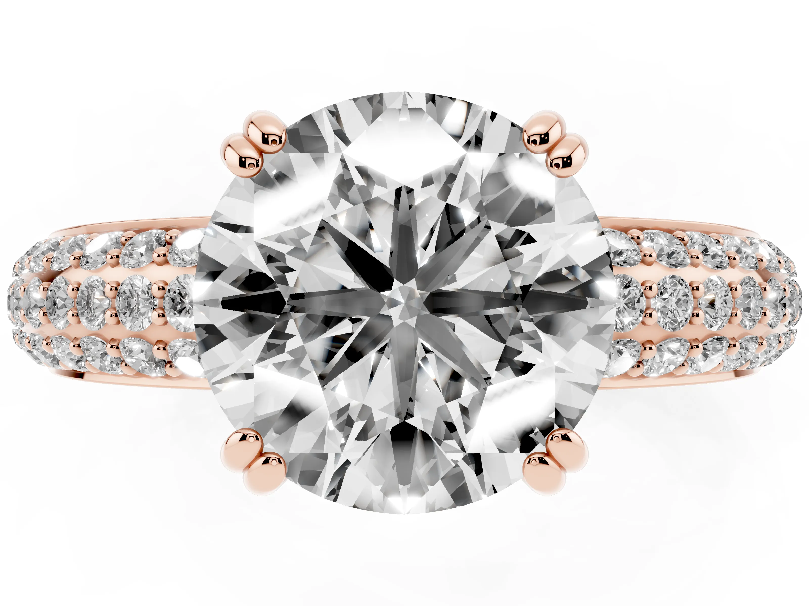 Round Cut Diamond Solitaire Ring Set in Rose gold with Multi-Row Round Pavé Band and Prong Setting