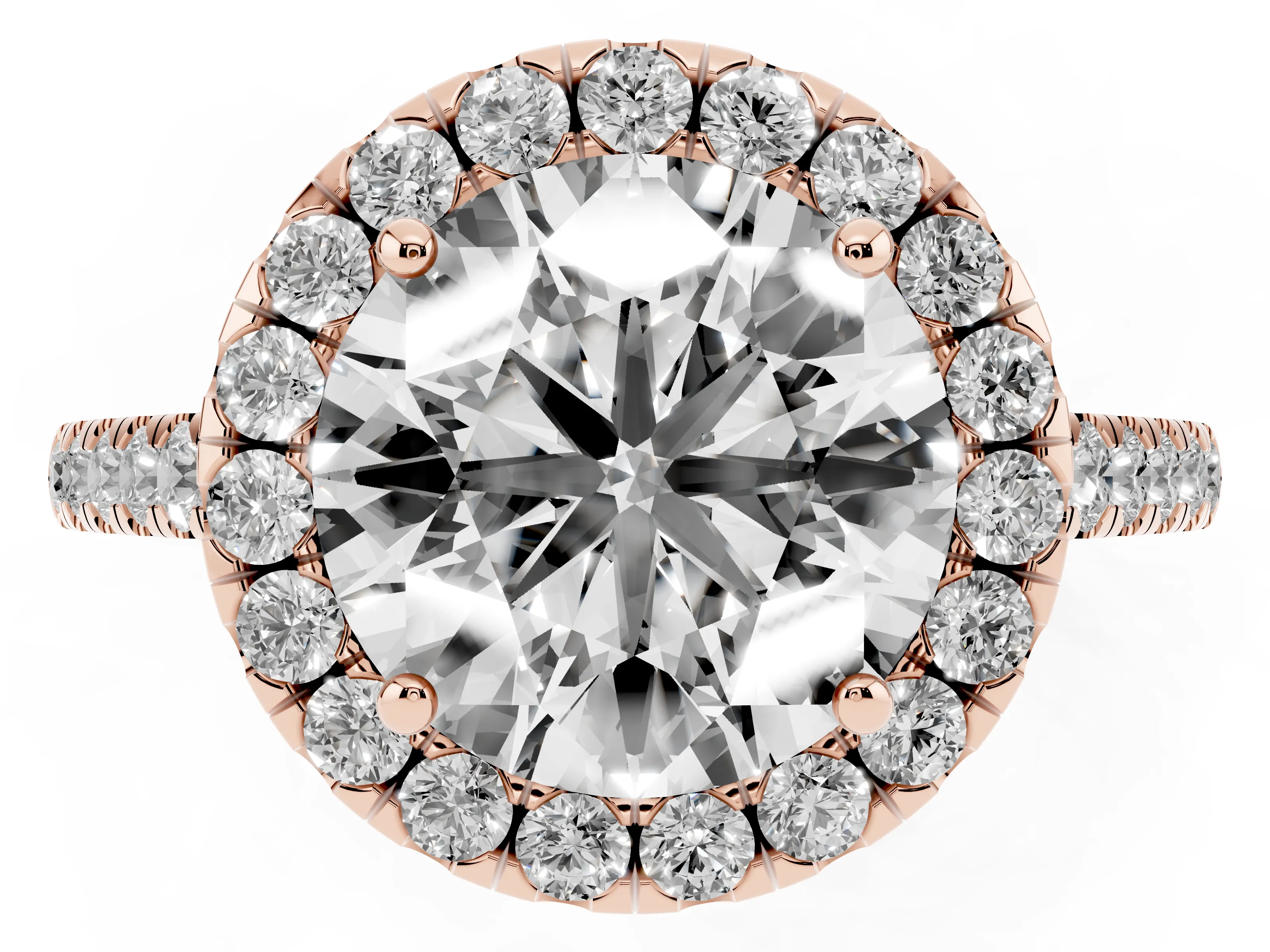 Round Cut Diamond Halo Pavé Engagement Ring Set in Rose gold with Prong Setting