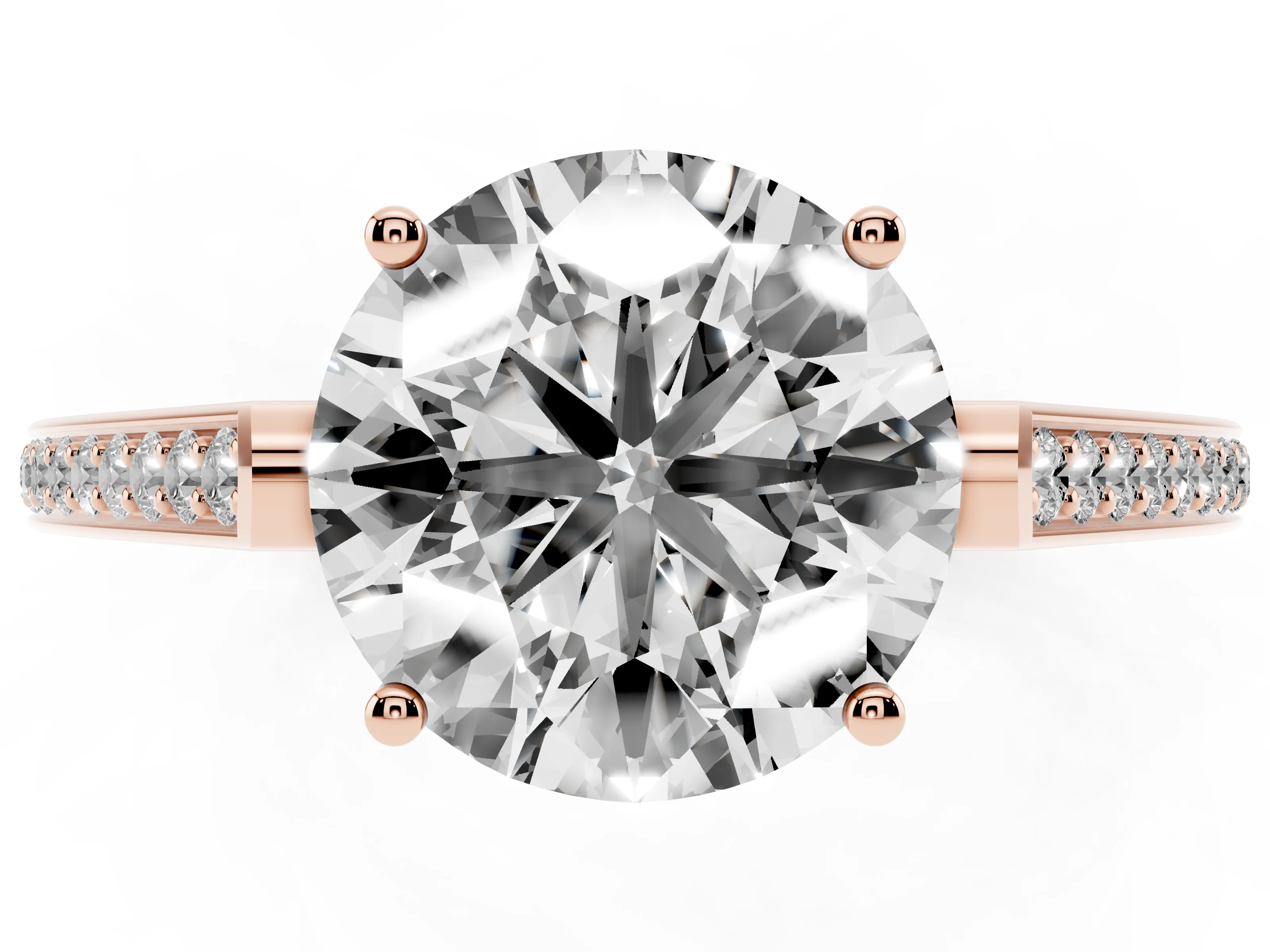 Round Cut Diamond Cathedral Pavé Engagement Ring Set in Rose gold with Prong Setting
