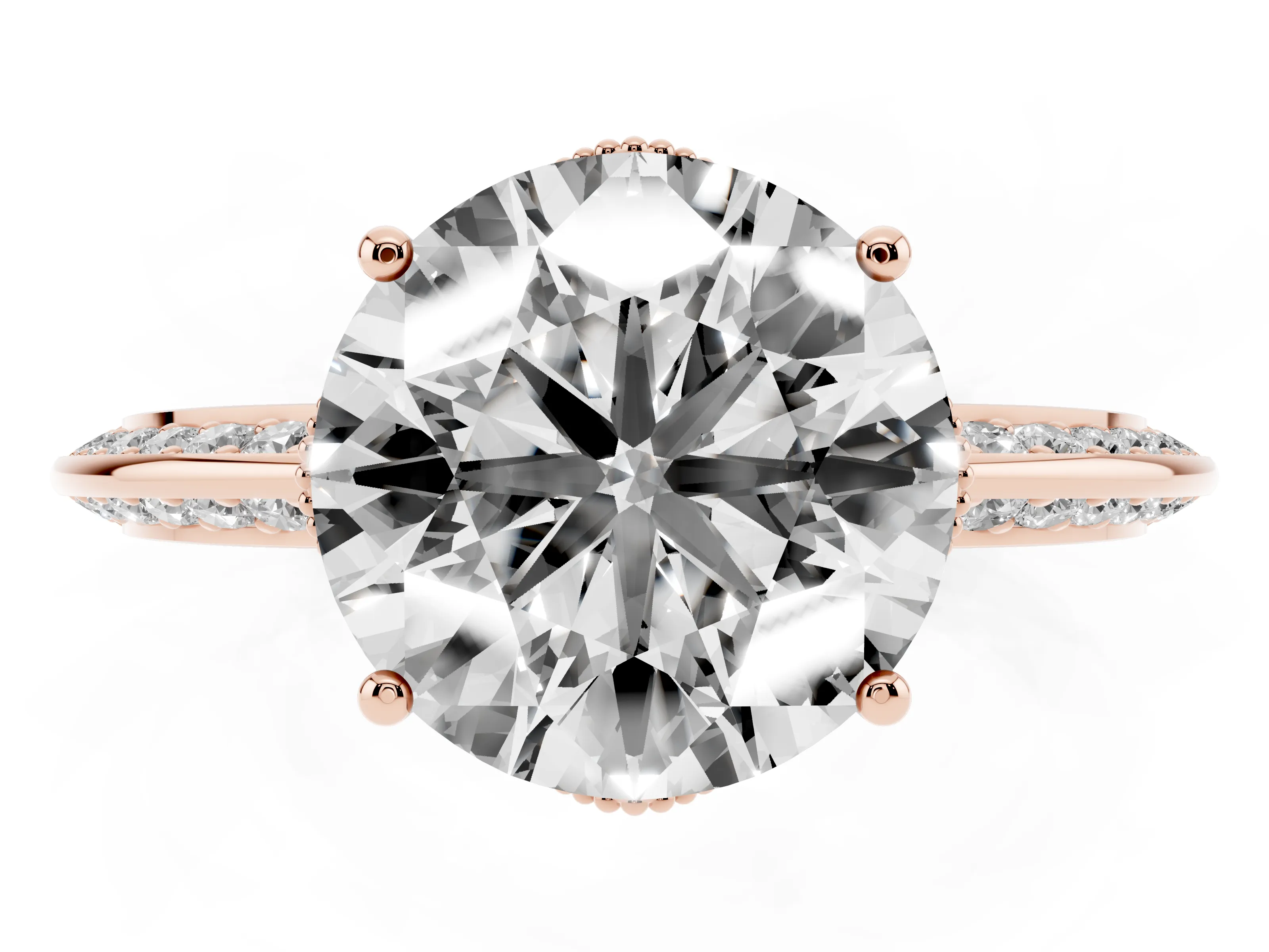 Round Cut Diamond Solitaire Engagement Ring Set in Rose gold with Pavé Split Shank and Prong Setting