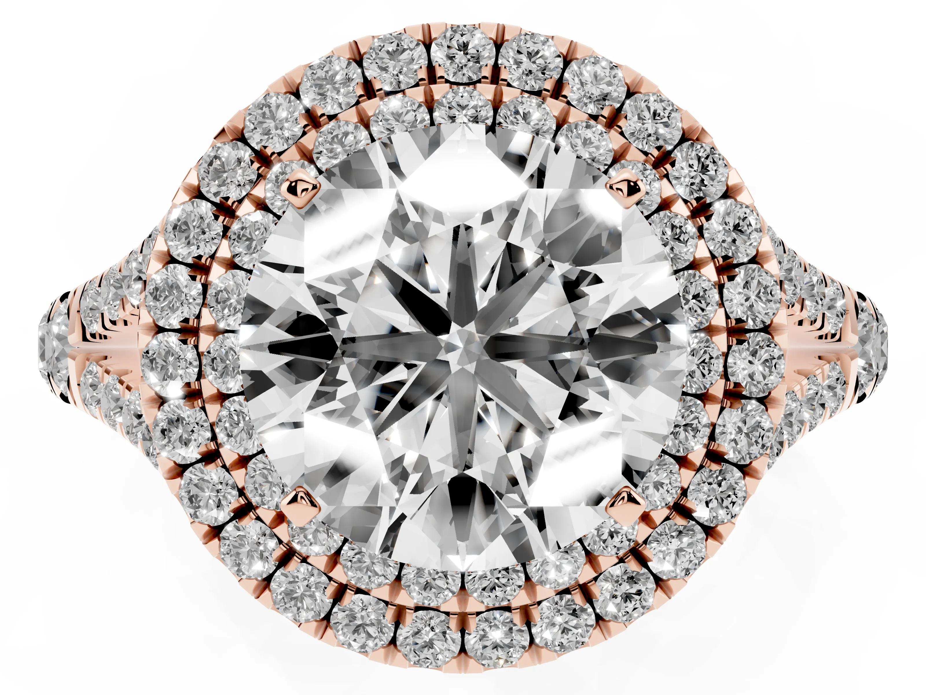 Round Cut Diamond Pavé Split Shank Double Halo Engagement Ring Set in Rose gold