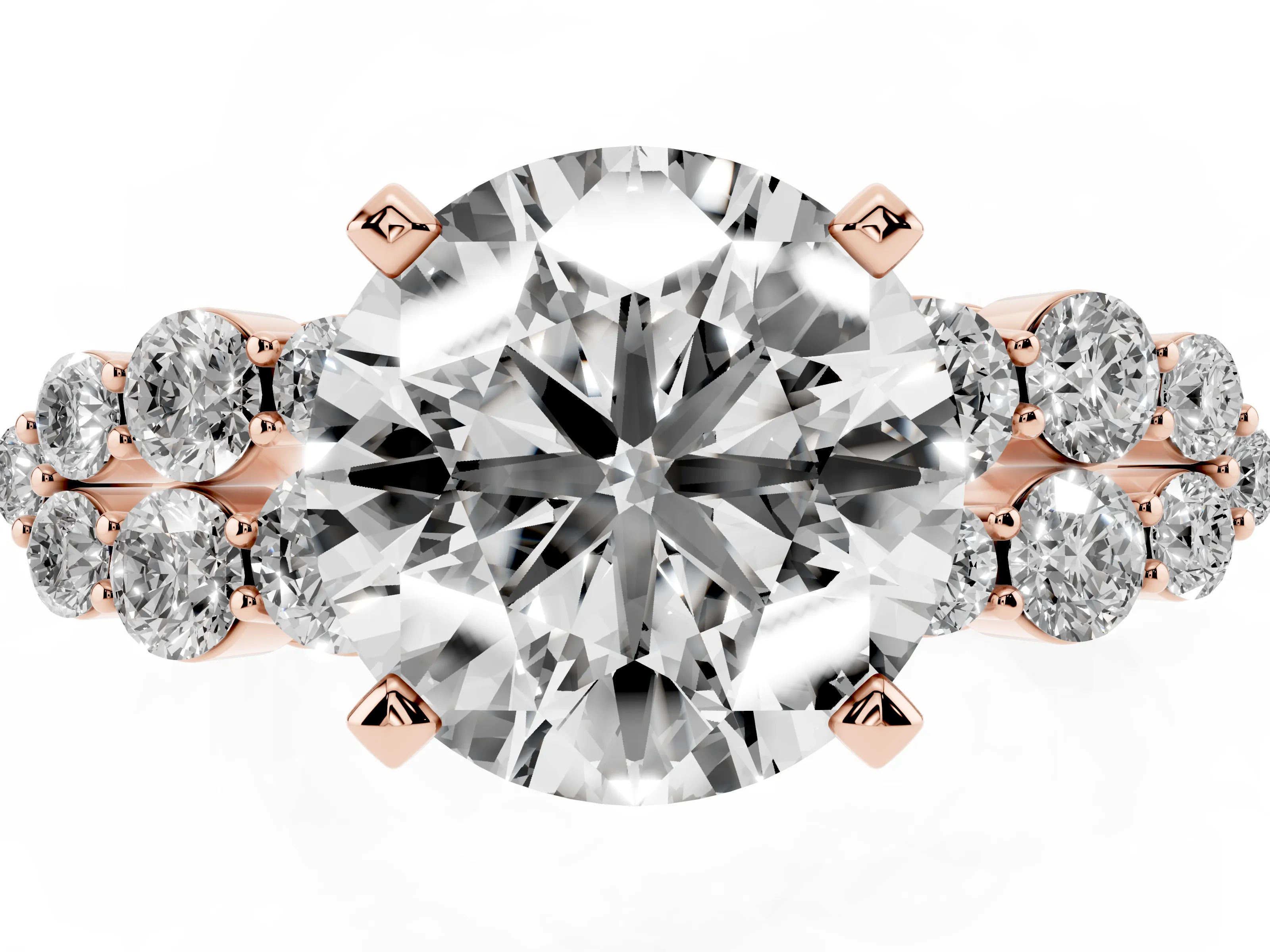 Round Cut Diamond Cluster Engagement Ring Set in Rose gold with Pavé Band and Prong Setting