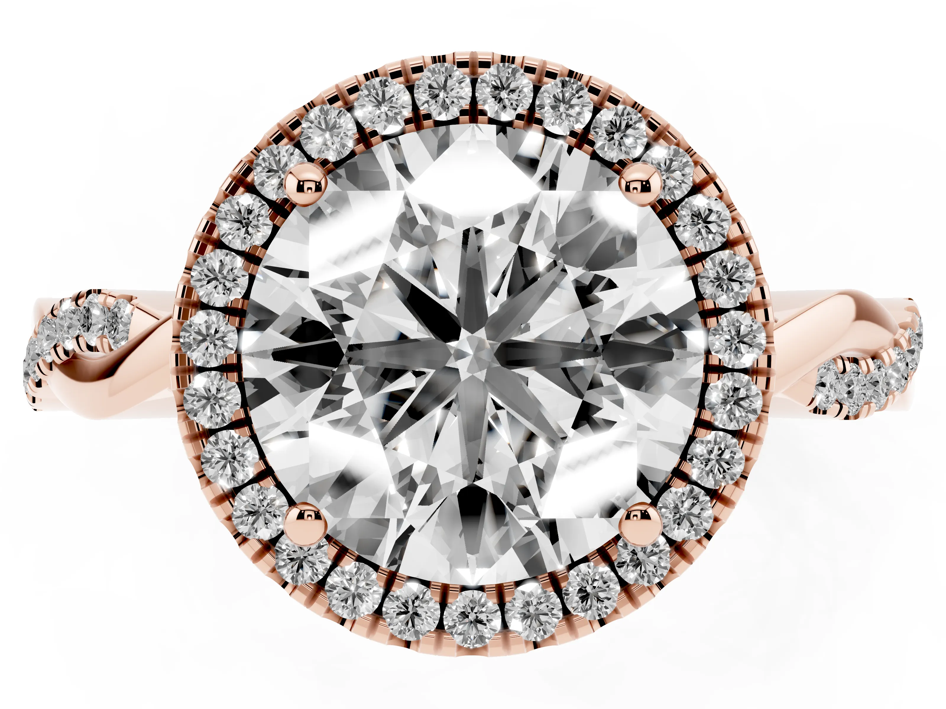 Round Cut Diamond Halo Twisted Band Ring Set in Rose gold with Prong Setting