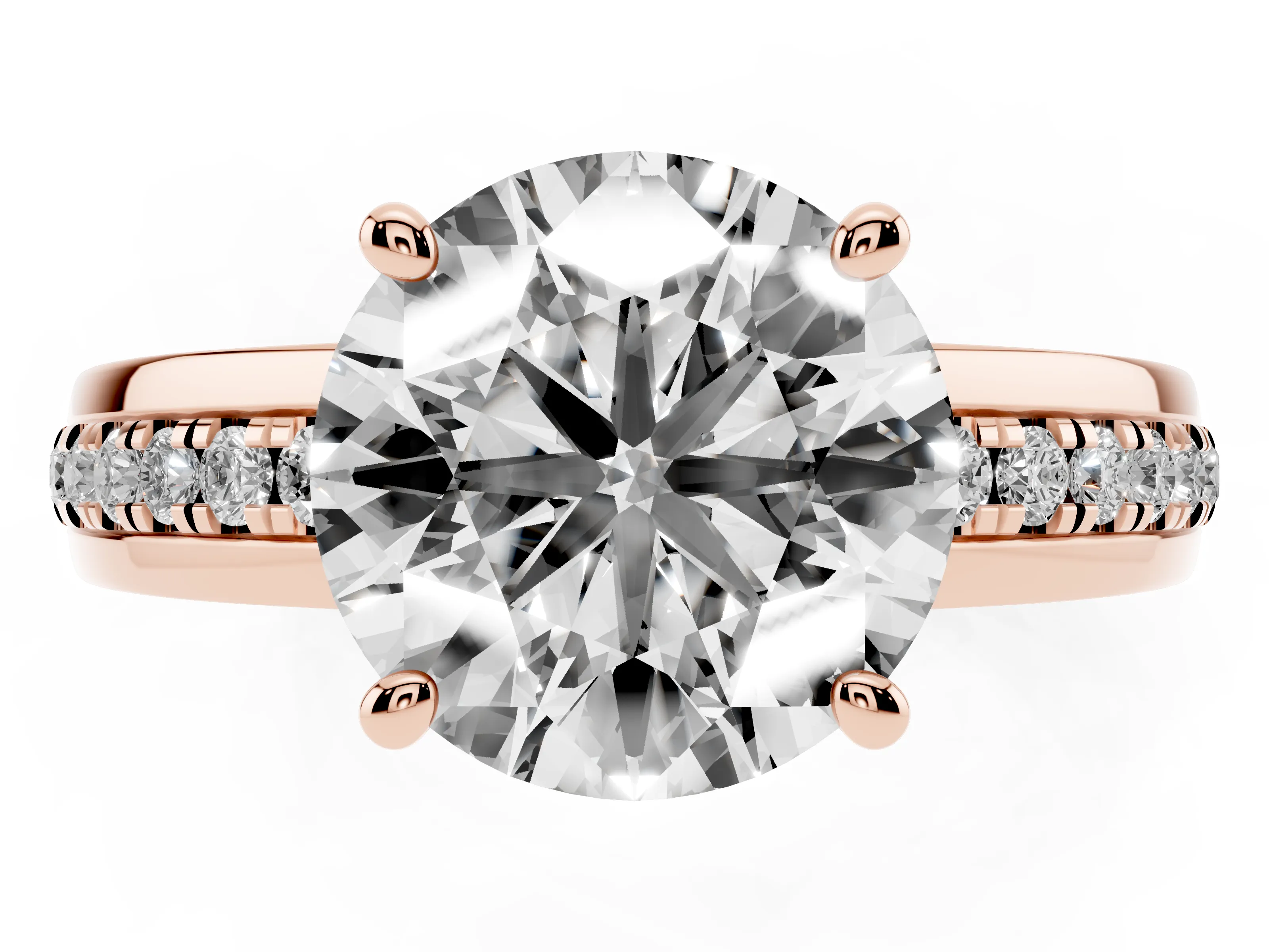 Round Cut Diamond Solitaire Ring Set in Rose gold with Channel Set Band and Prong Setting