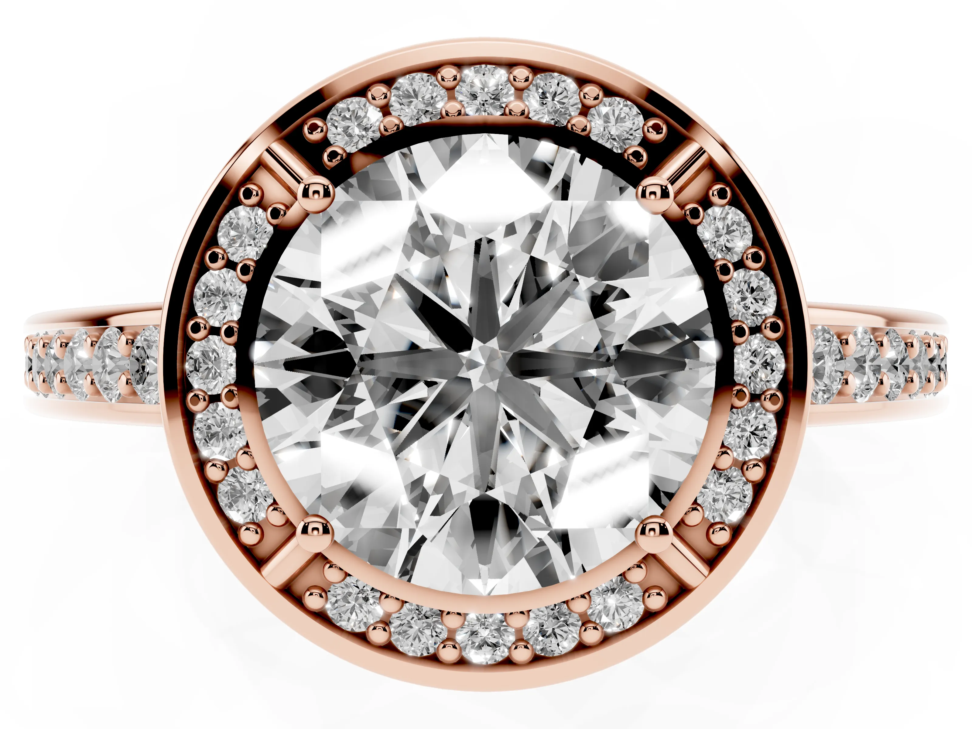 Round Cut Diamond Halo Pavé Split Shank Ring Set in Rose gold with Prong Setting