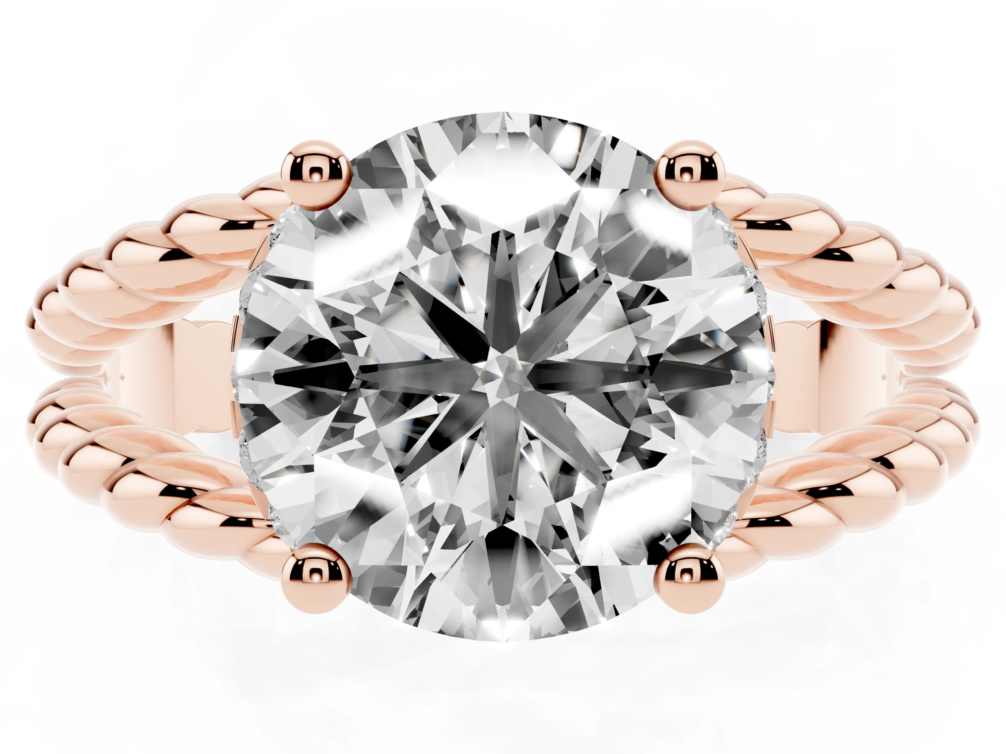 Round Cut Diamond Halo Ring Set in Rose gold with Twisted Band and Prong Setting