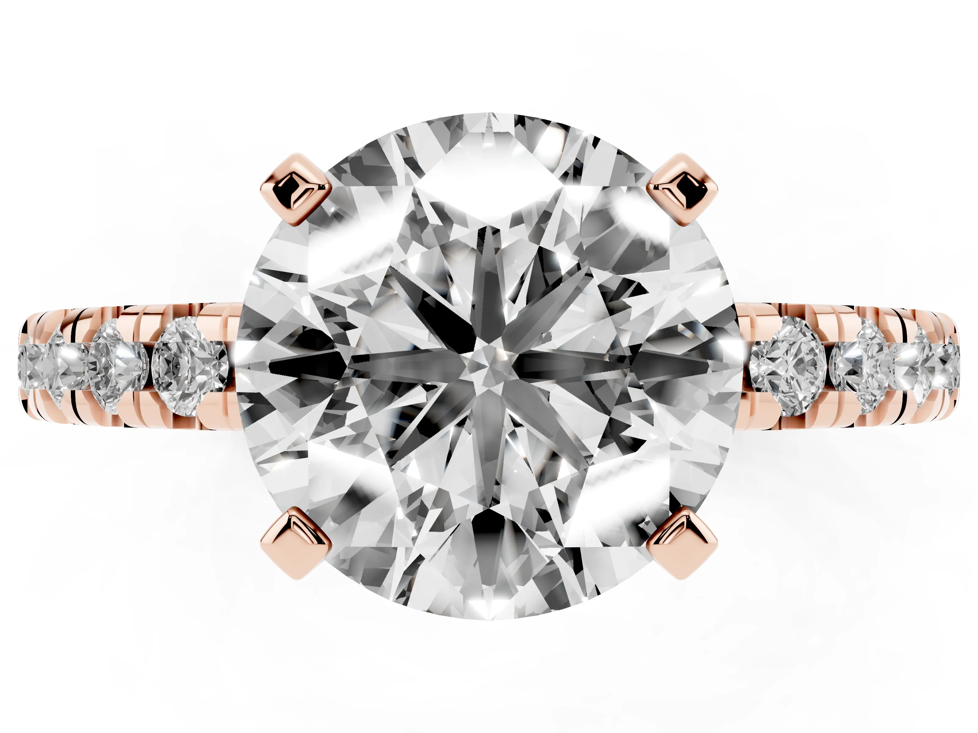 Round Cut Diamond Solitaire Pavé Engagement Ring Set in Rose gold with Round Band and Prong Setting
