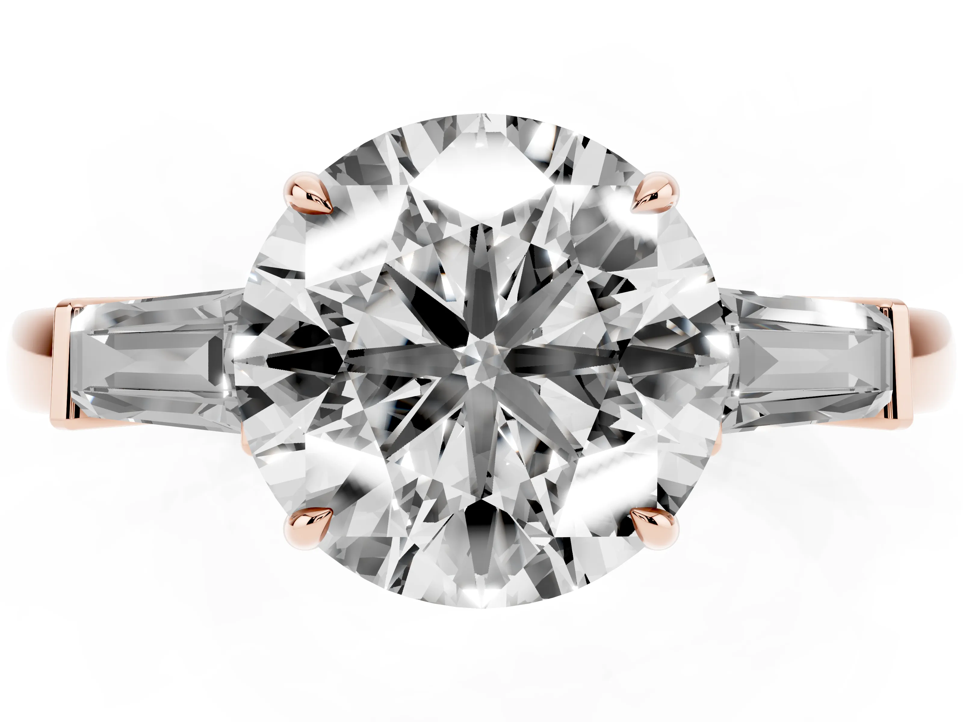 Round Cut Diamond Three-Stone Ring Set in Rose gold with Tapered Baguette Side Stones and Prong Setting
