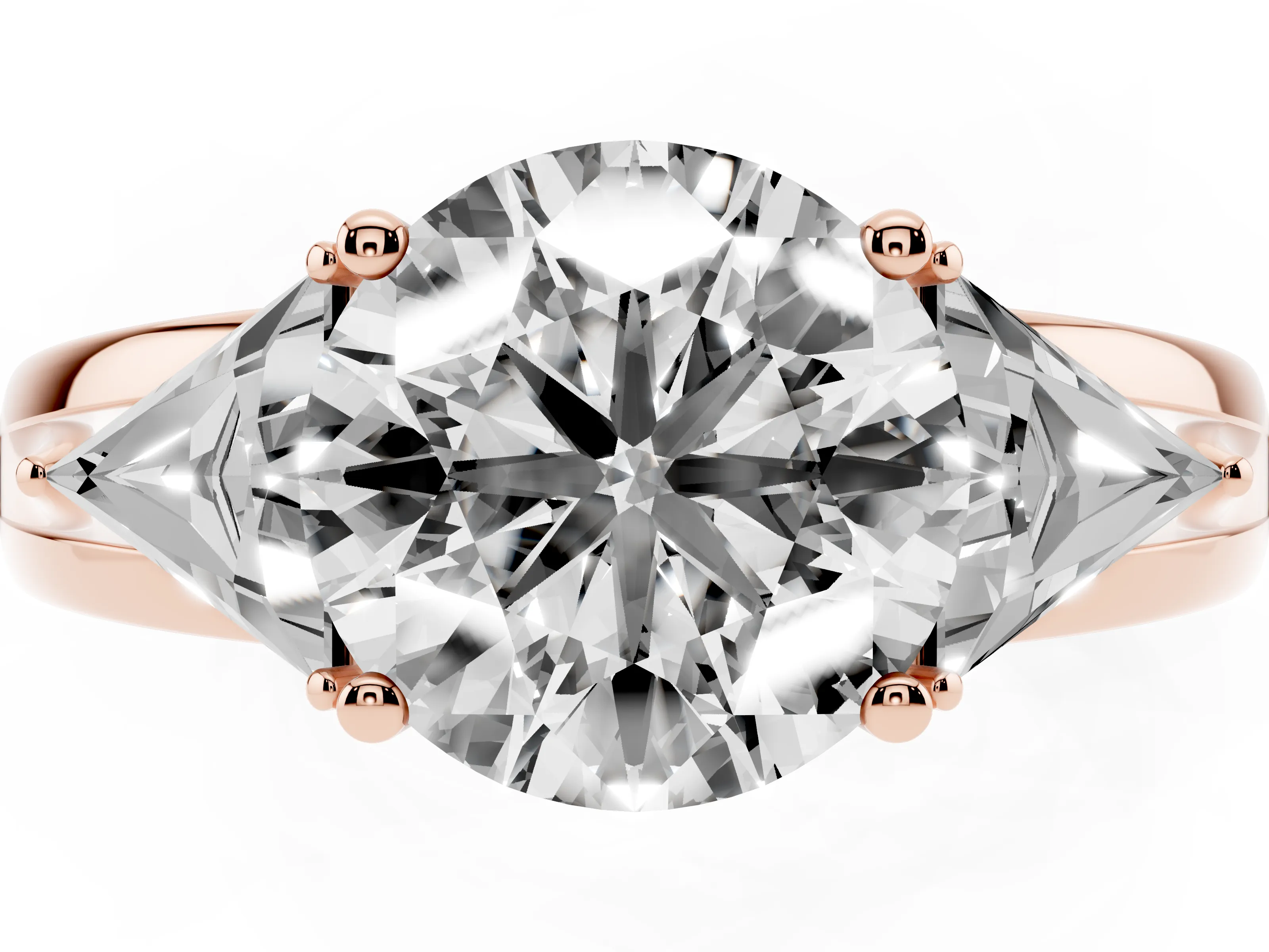 Round Cut Diamond Three-Stone Ring Set in Rose gold with Trillion Side Stones and Split Shank