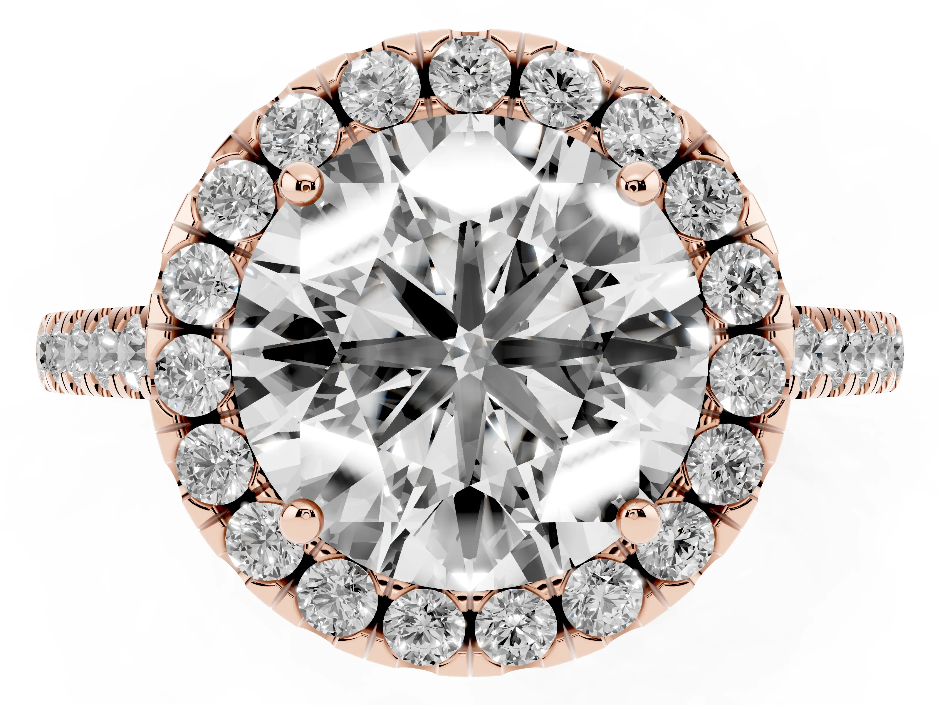 Round Cut Diamond Pavé Halo Engagement Ring Set in Rose gold with Pavé Band and Prong Setting