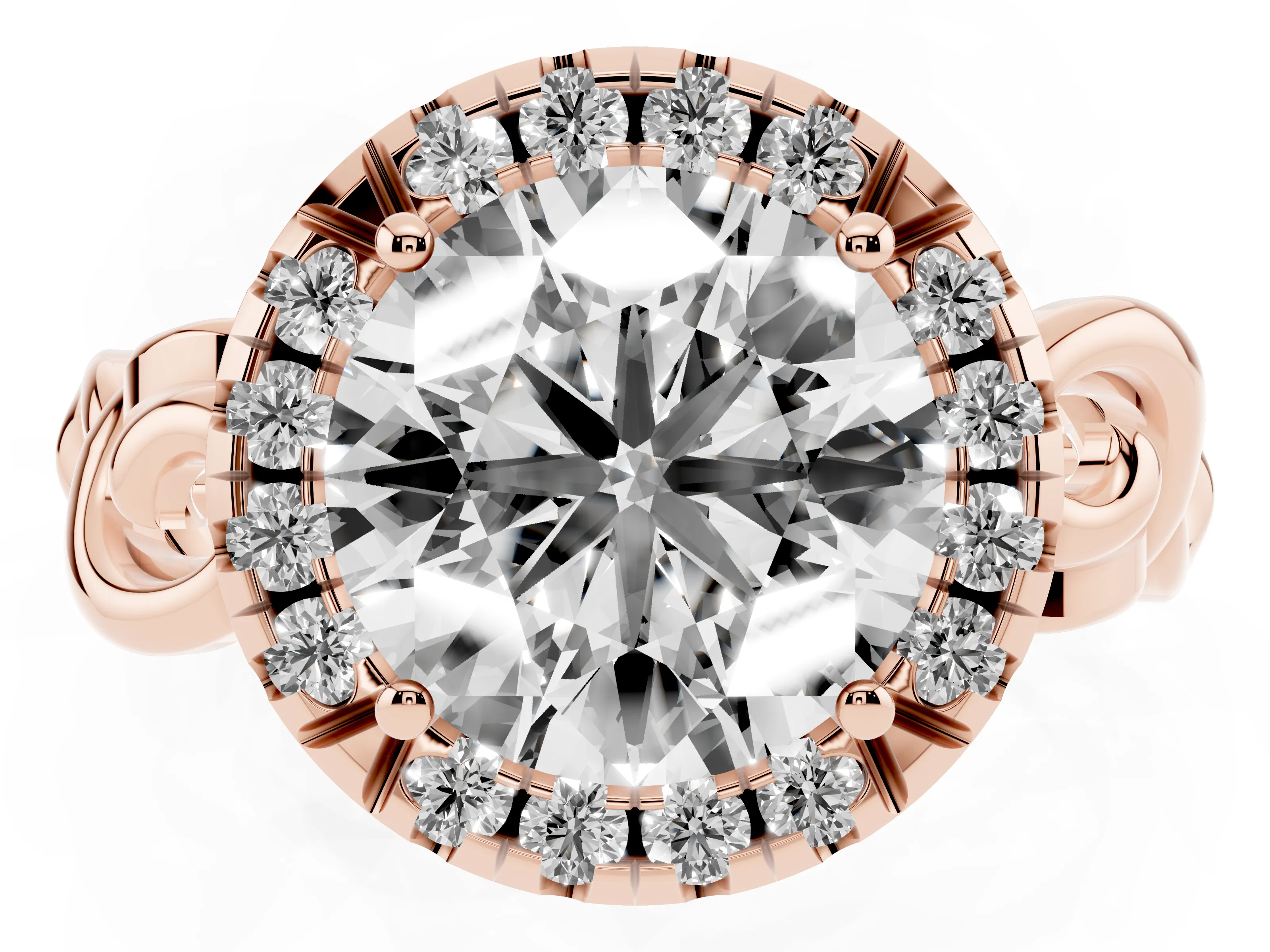 Round Cut Diamond Halo Ring Set in Rose gold with Scrollwork Band and Prong Setting