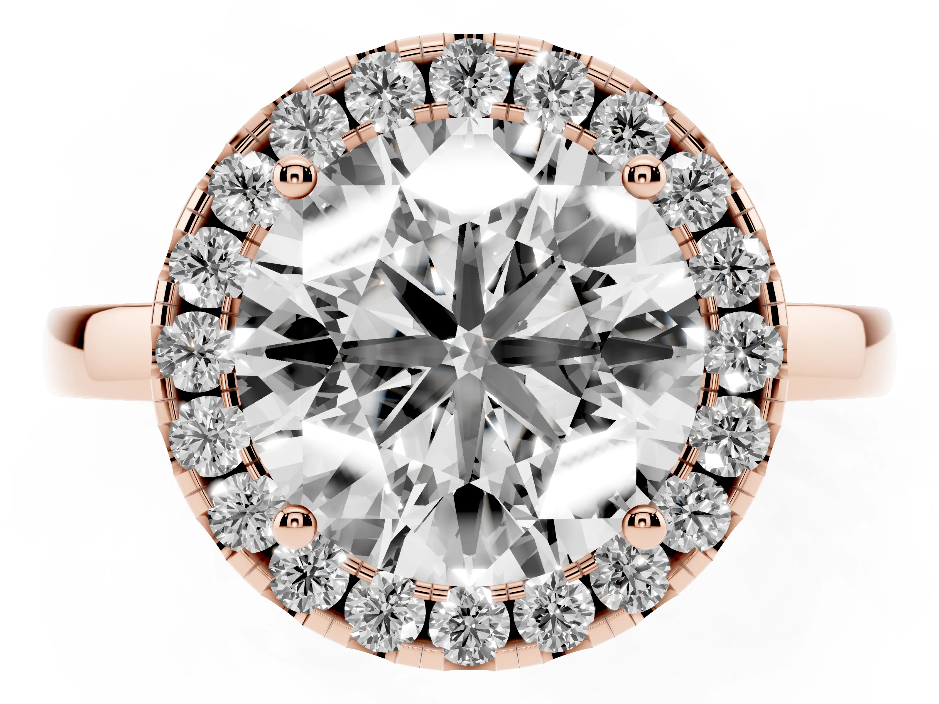 Round Cut Diamond Halo Solitaire Ring Set in Rose gold with Pavé Band and Prong Setting