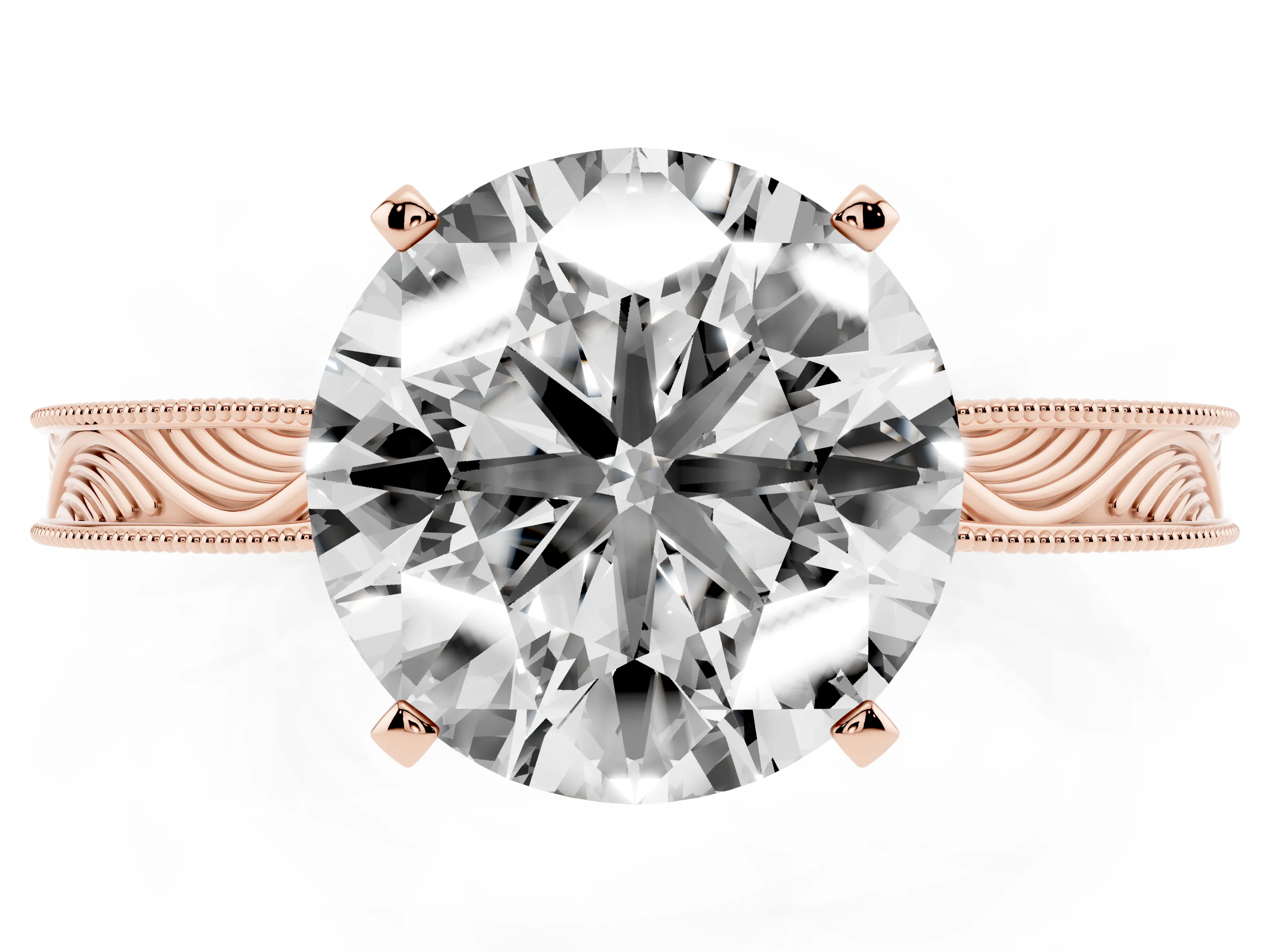 Round Cut Diamond Solitaire Milgrain Engraved Band Set in Rose gold with Prong Setting