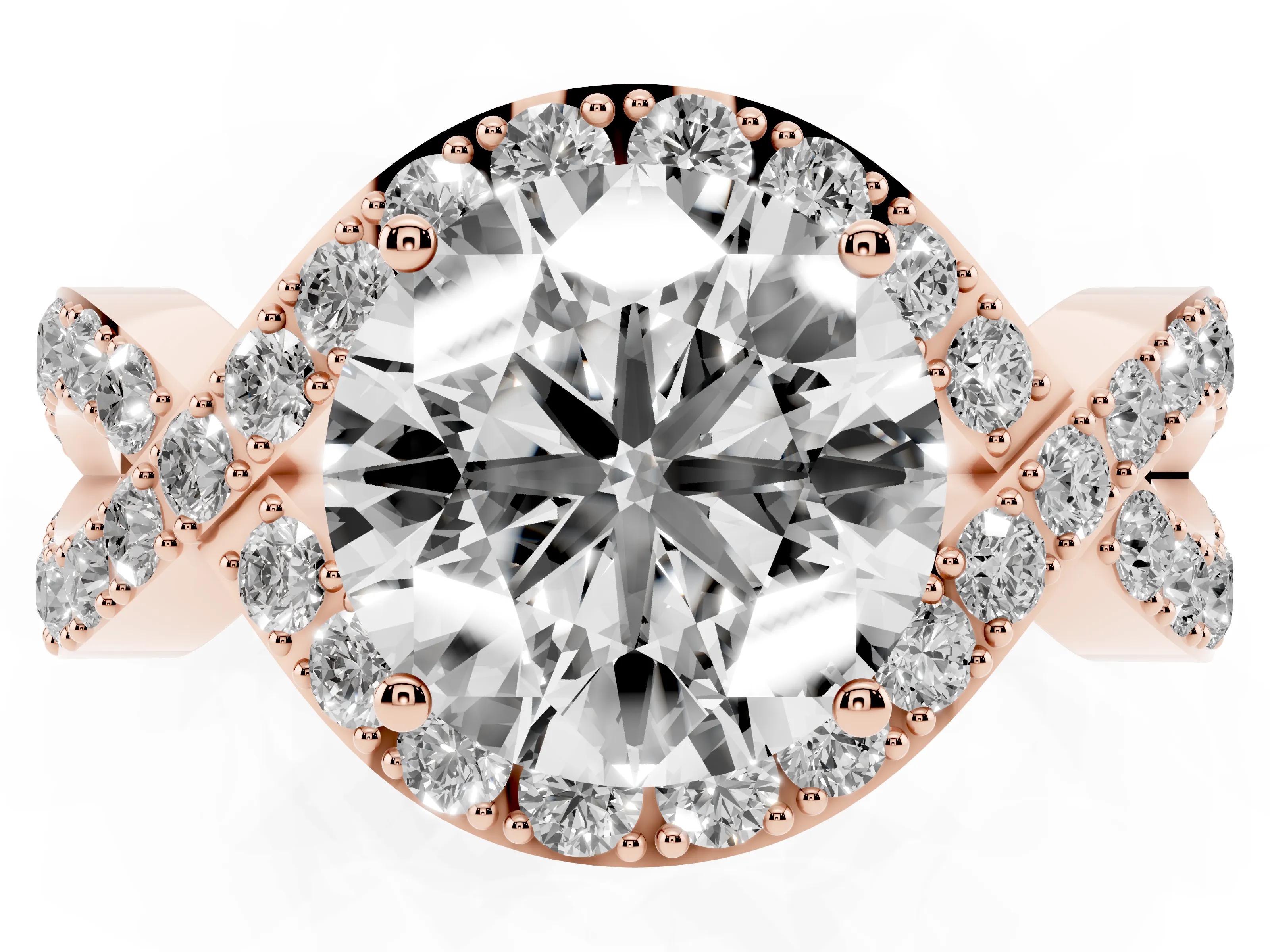 Round Cut Diamond Solitaire Twist Band Pavé Engagement Ring Set in Rose gold