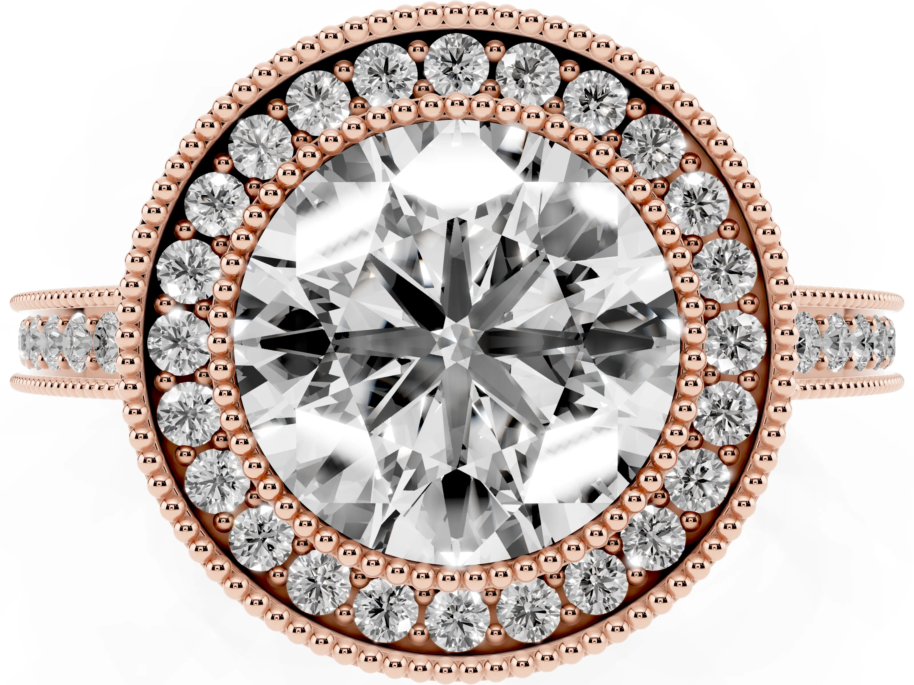 Round Cut Diamond Halo Ring Set in Rose gold with Pavé Band and Milgrain-Edged Prongs