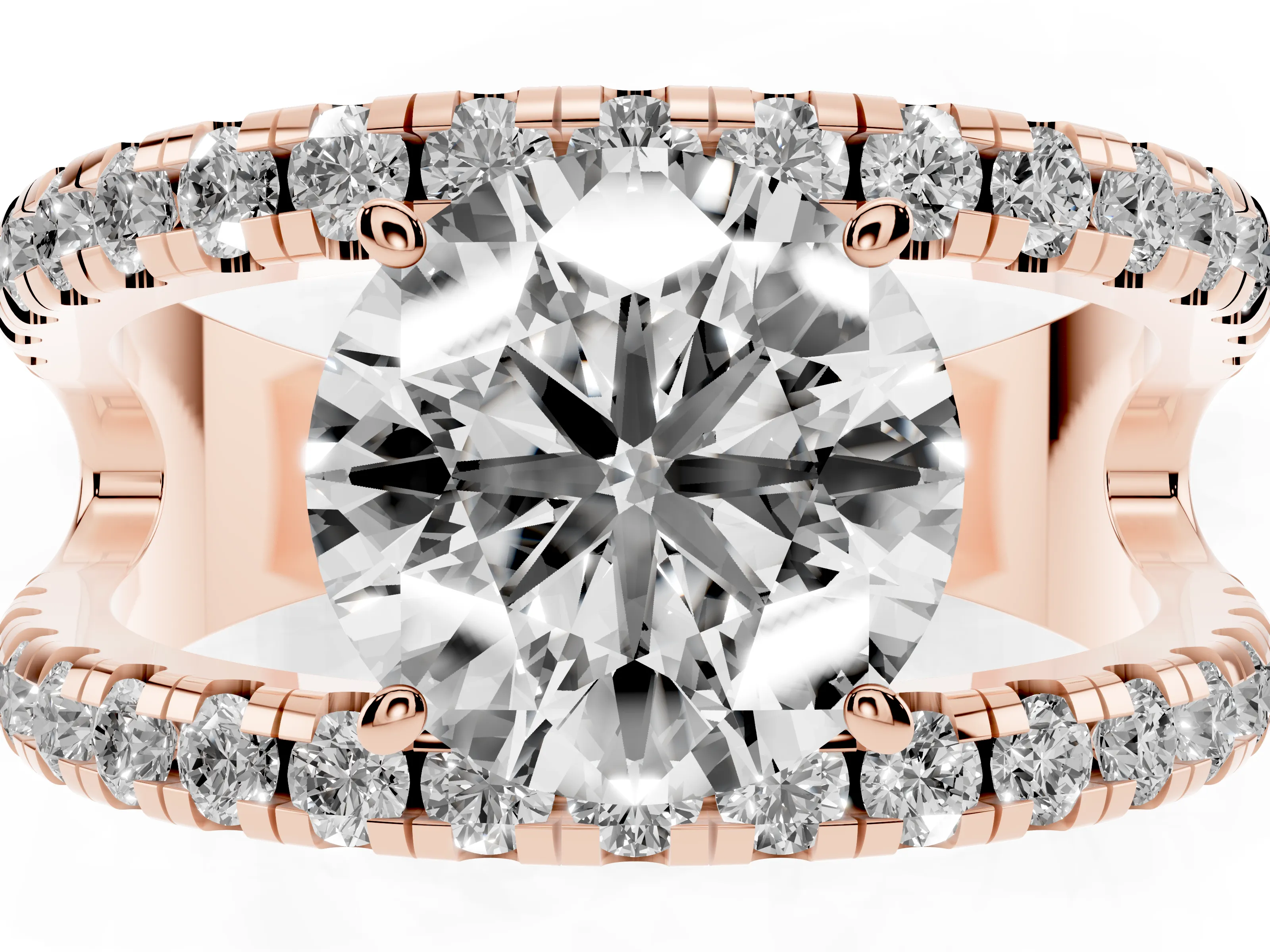 Round Cut Diamond Split Shank Pavé Solitaire Ring Set in Rose gold with Open Shank Design
