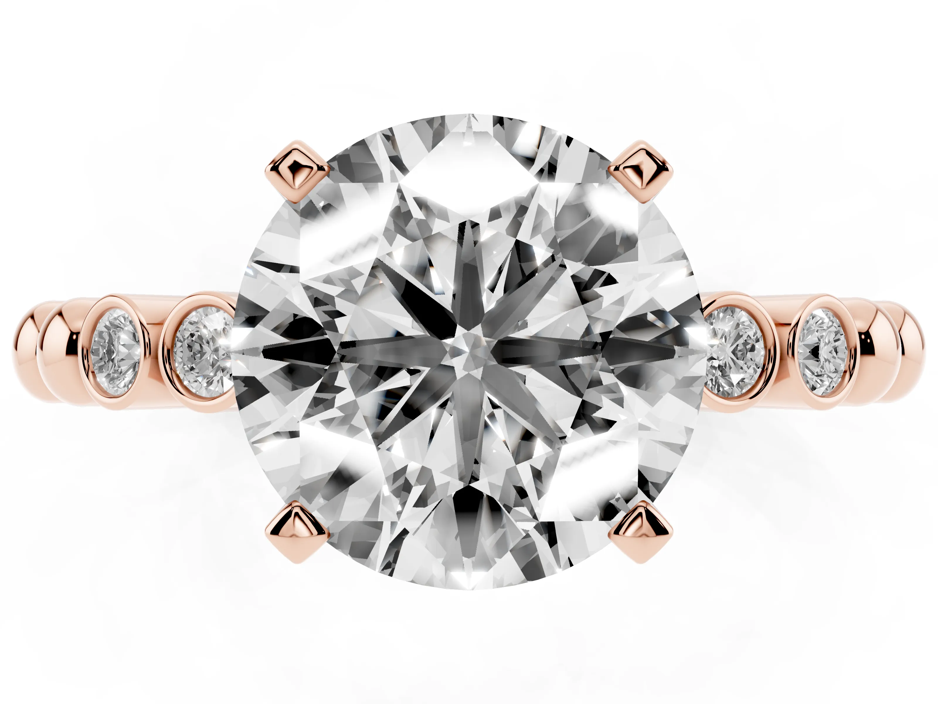 Round Cut Diamond Solitaire Engagement Ring Set in Rose gold with Bezel Accents on Beaded Band
