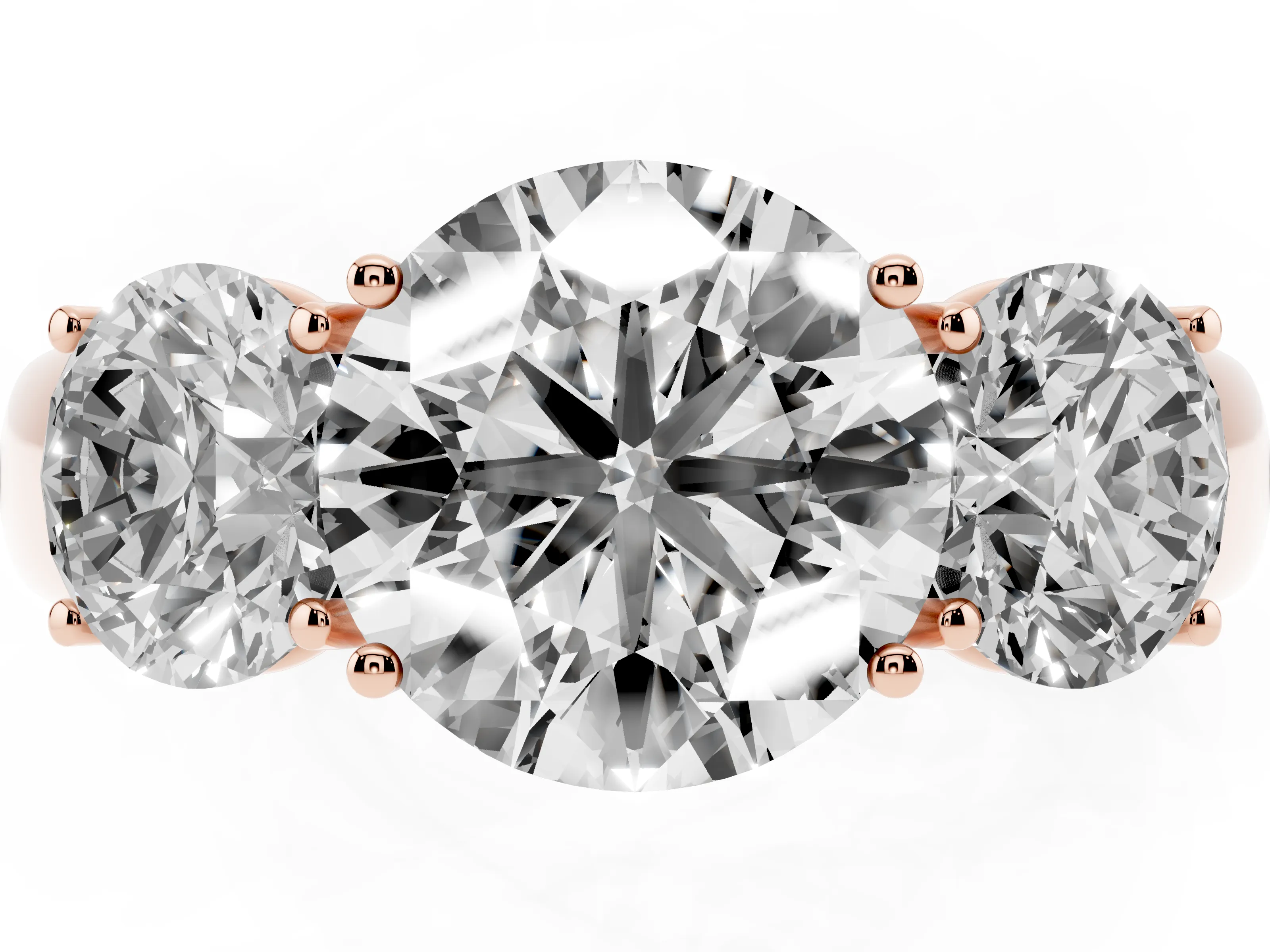 Three-Stone Round Cut Diamond Ring Set in Rose gold with Matching Prong Settings and Plain Band