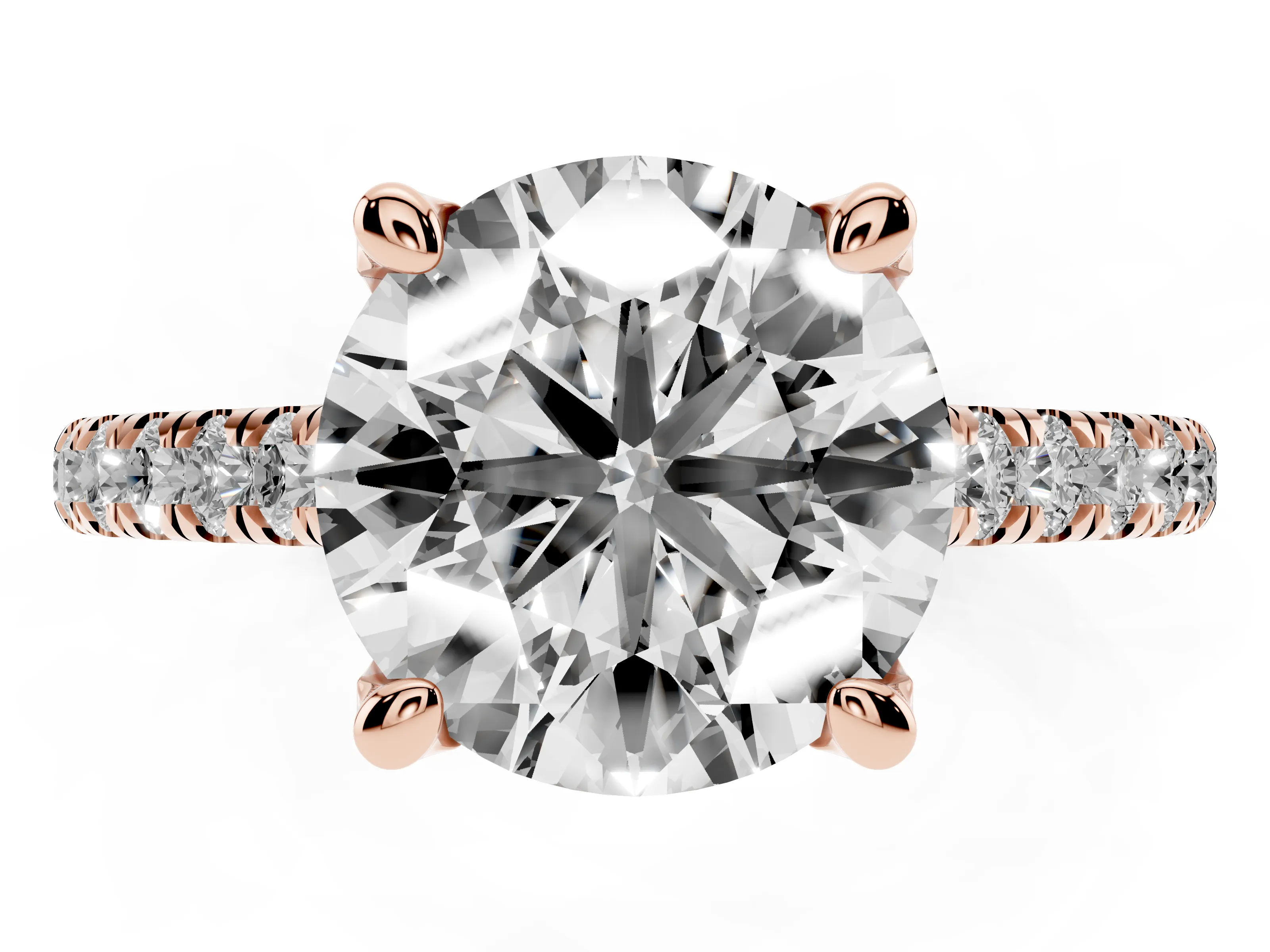 Round Cut Diamond Solitaire Ring Set in Rose gold with Brilliant Pavé Band and Prong Setting