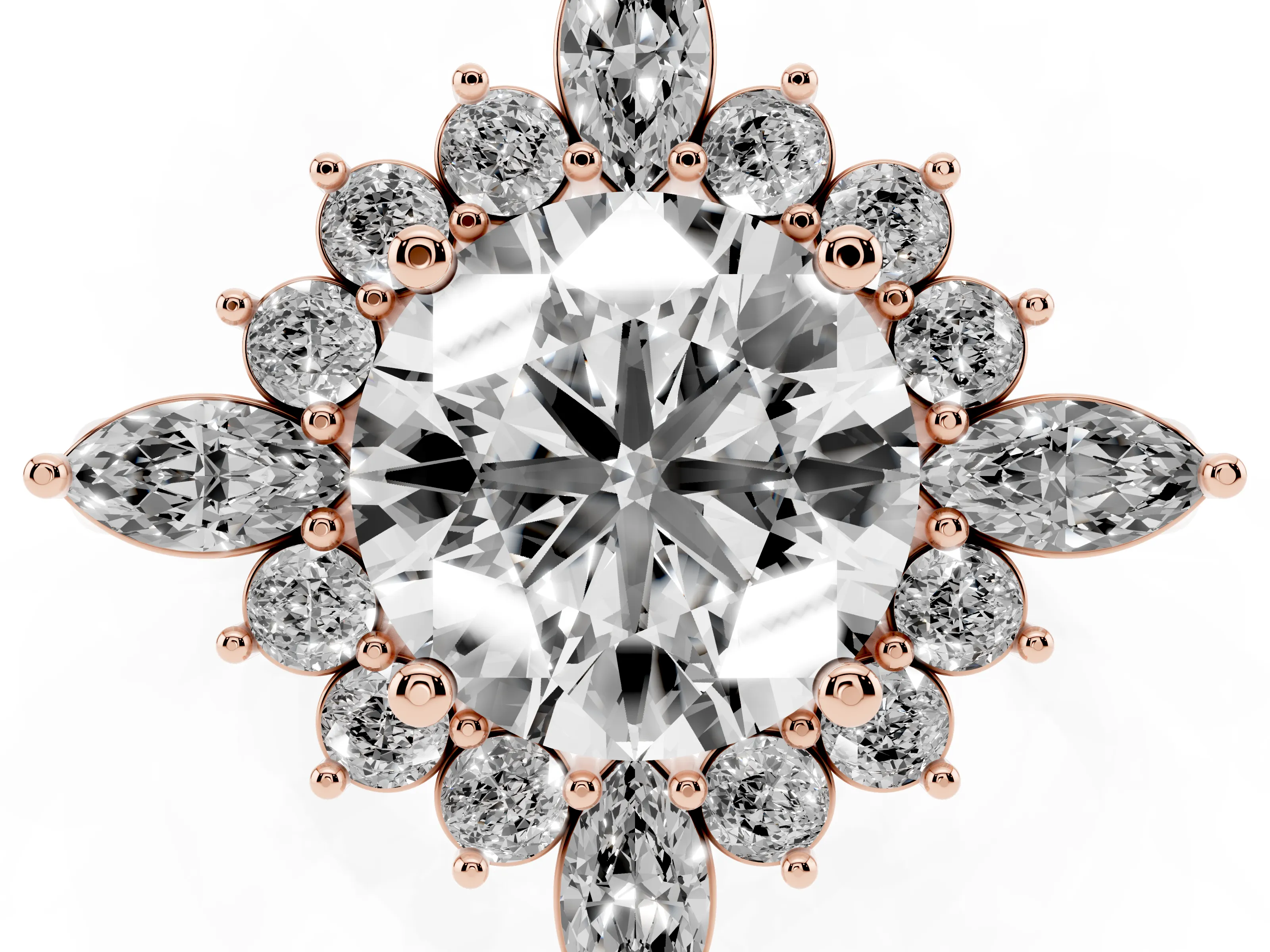 Round Cut Diamond Cluster Halo Ring Set in Rose gold with Marquise and Round Accents