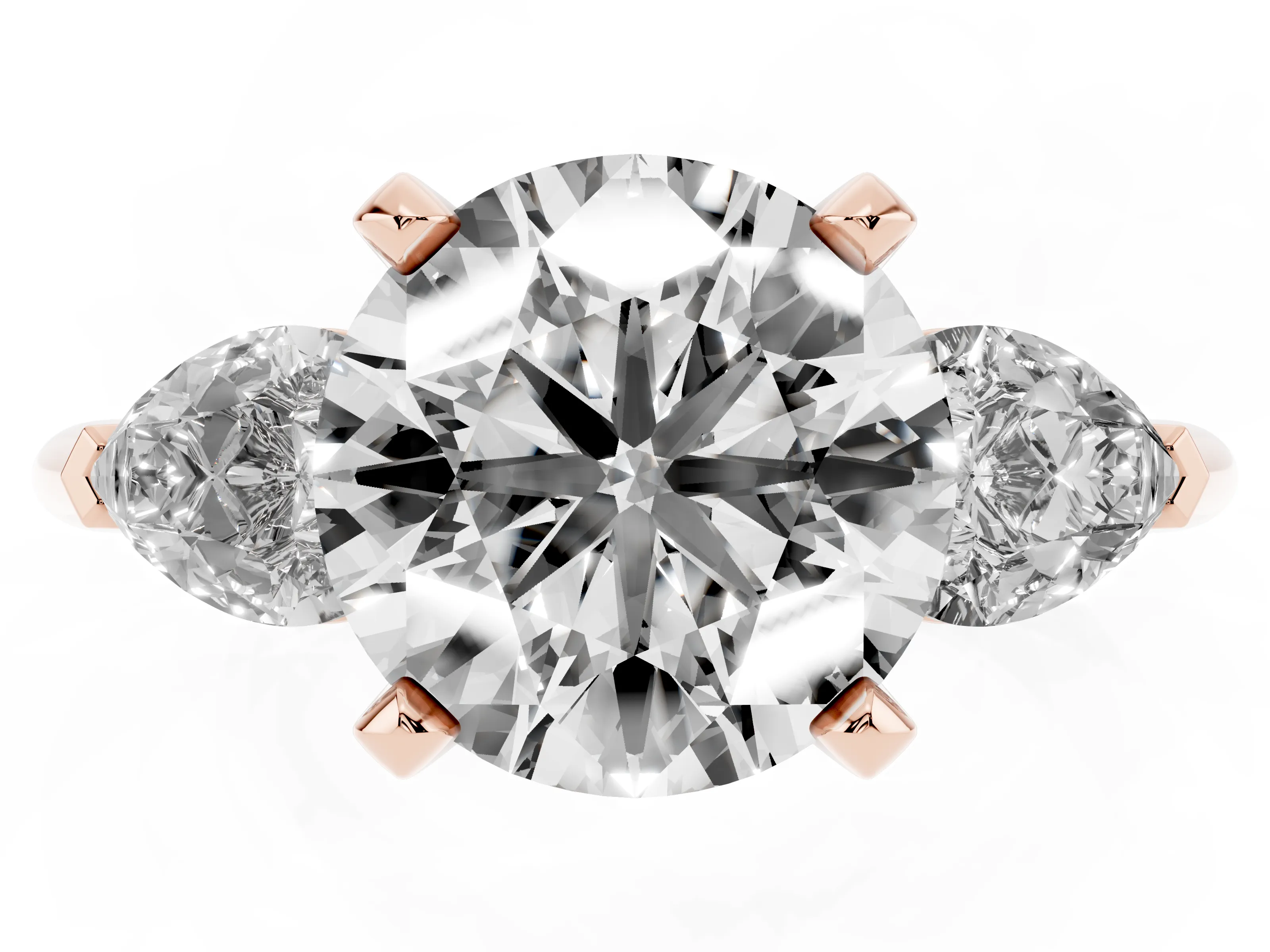 Three-Stone Round Cut Diamond Ring Set in Rose gold with Pear Side Stones and Prong Setting