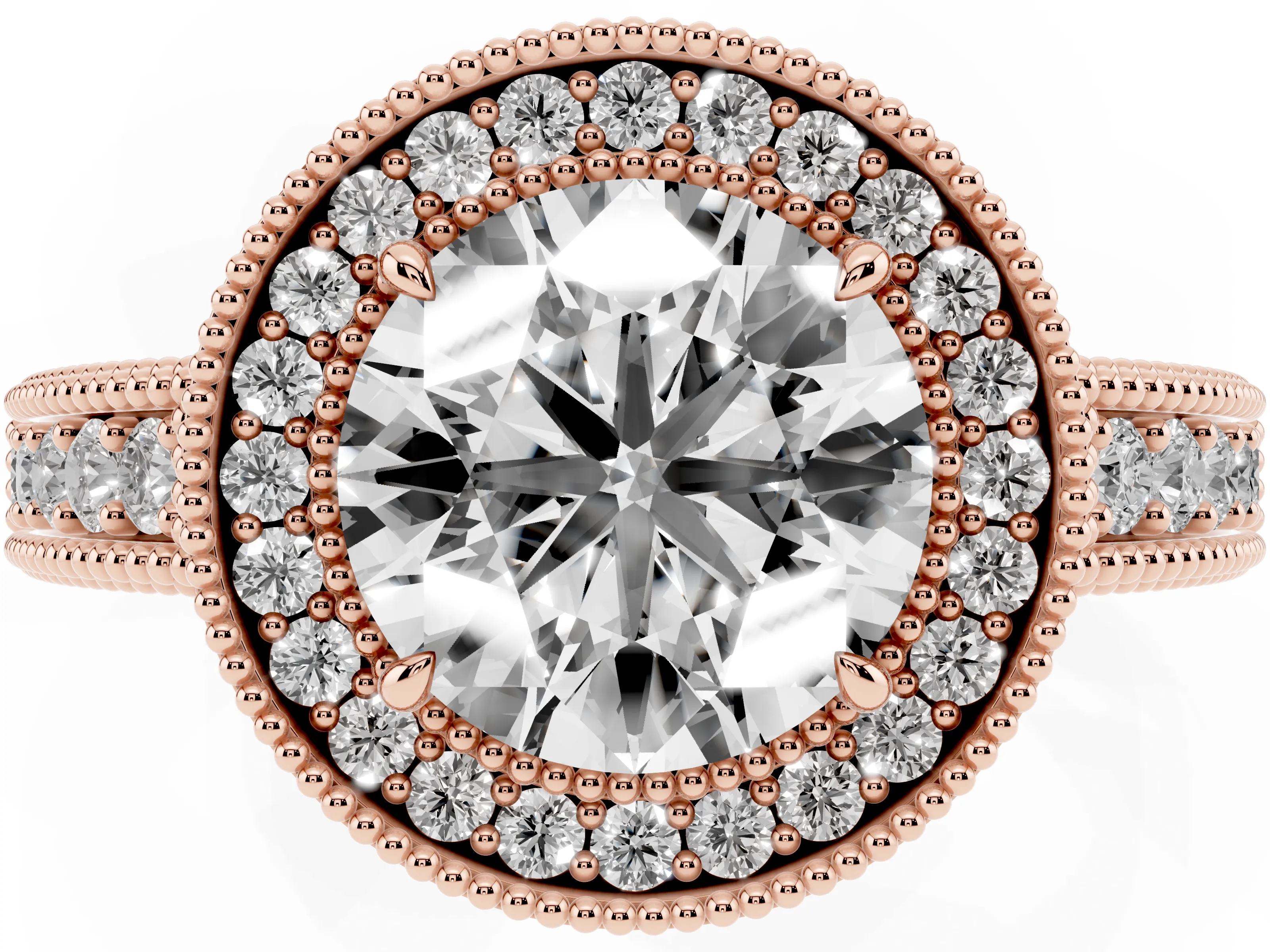 Round Cut Diamond Halo Ring Set in Rose gold with Round Accent Halo, Pavé Band and Prong Setting