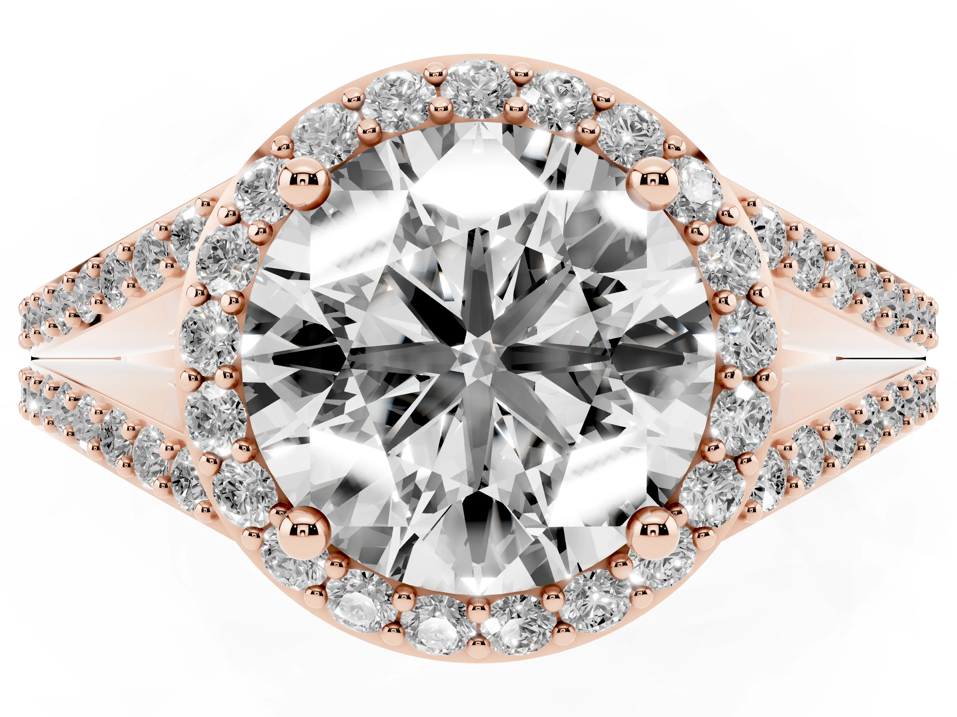Round Cut Diamond Halo Split Shank Pavé Ring Set in Rose gold with Prong Setting