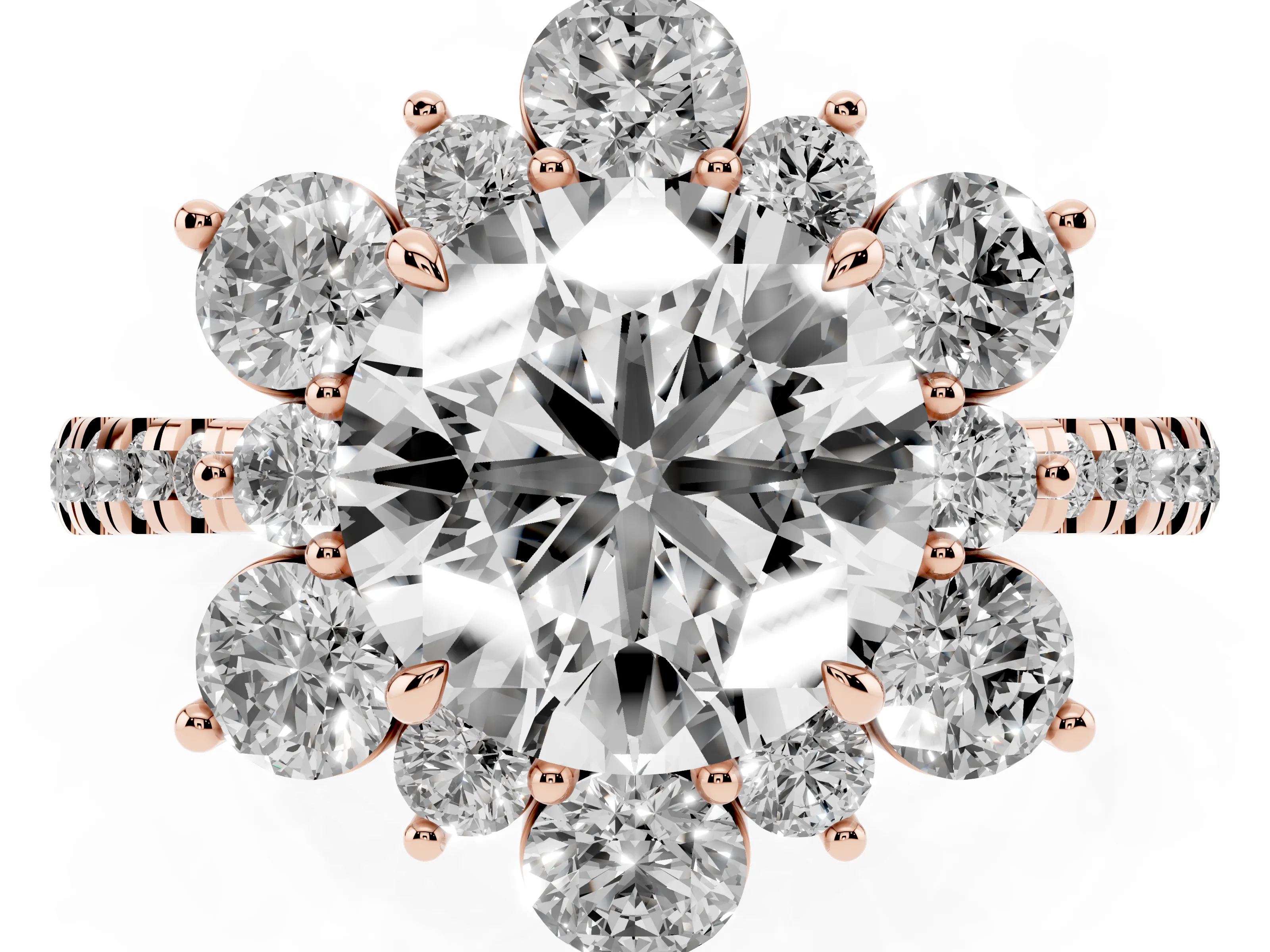 Round Cut Diamond Floral Halo Ring Set in Rose gold with Round Pavé Band and Prong Setting
