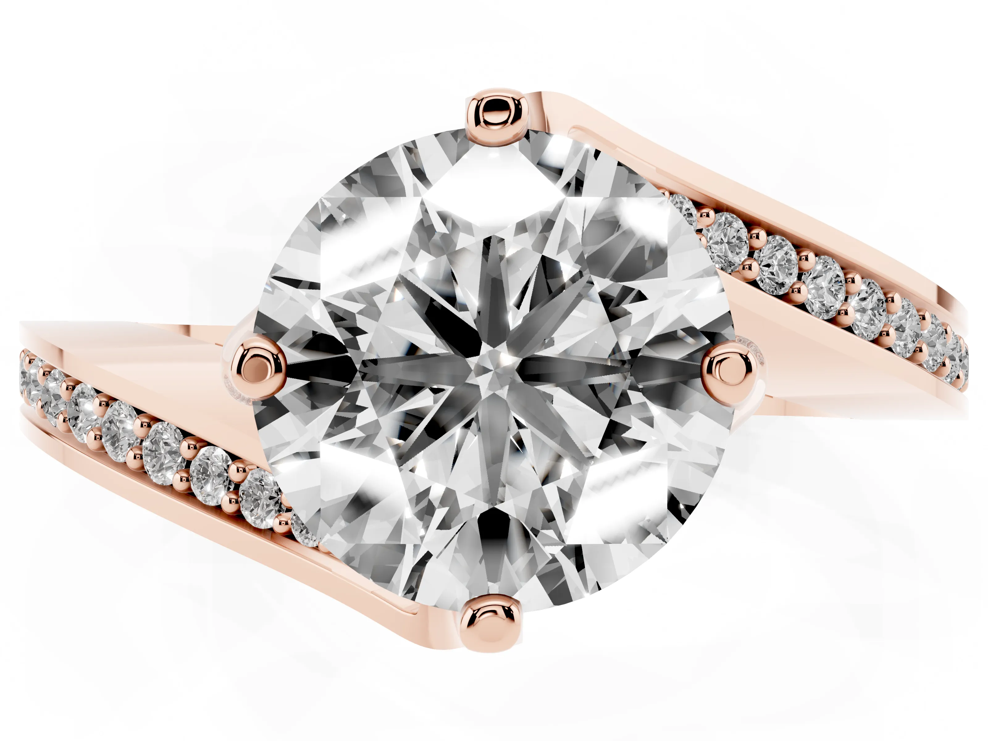 Round Cut Diamond Solitaire Ring Set in Rose gold with Intertwined Pavé Twist Band