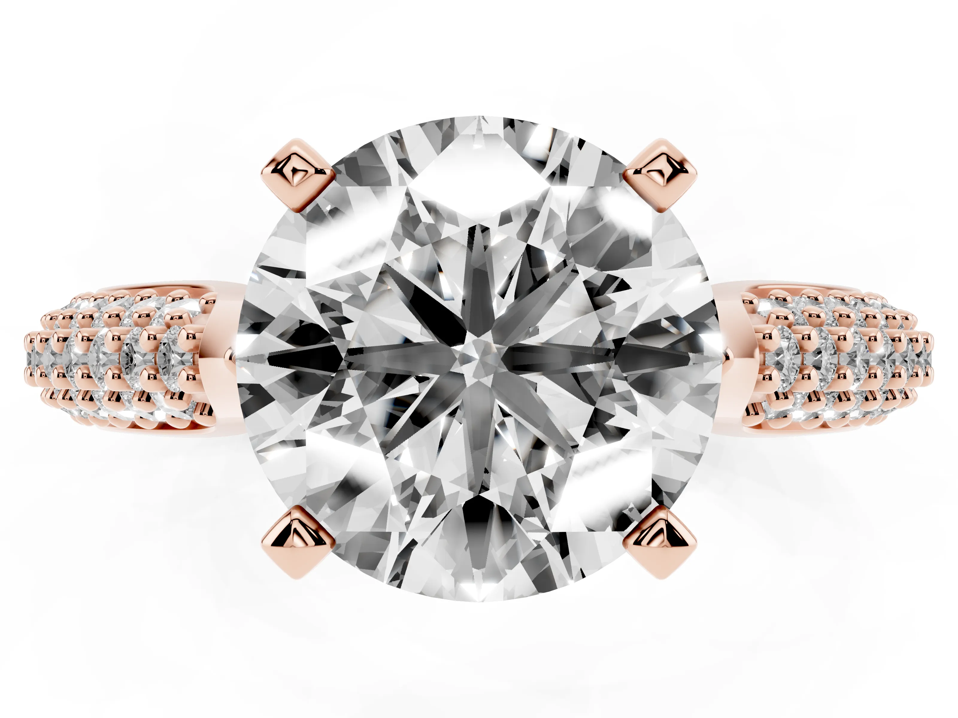 Round Cut Diamond Solitaire Engagement Ring Set in Rose gold with Multi-Row Round Pavé Band and Prong Setting