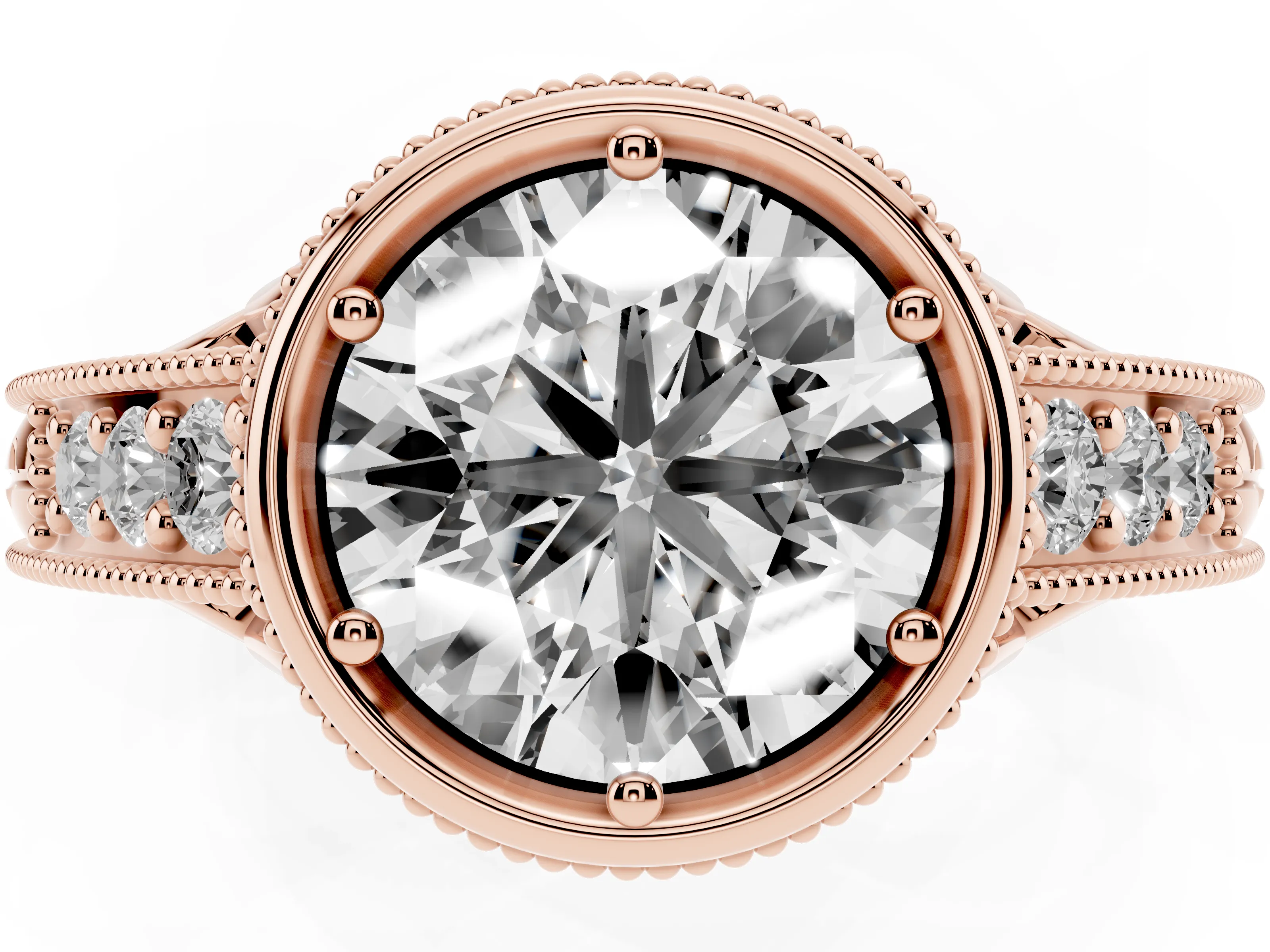 Bezel Set Round Cut Diamond Milgrain Pavé Engagement Ring Set in Rose gold