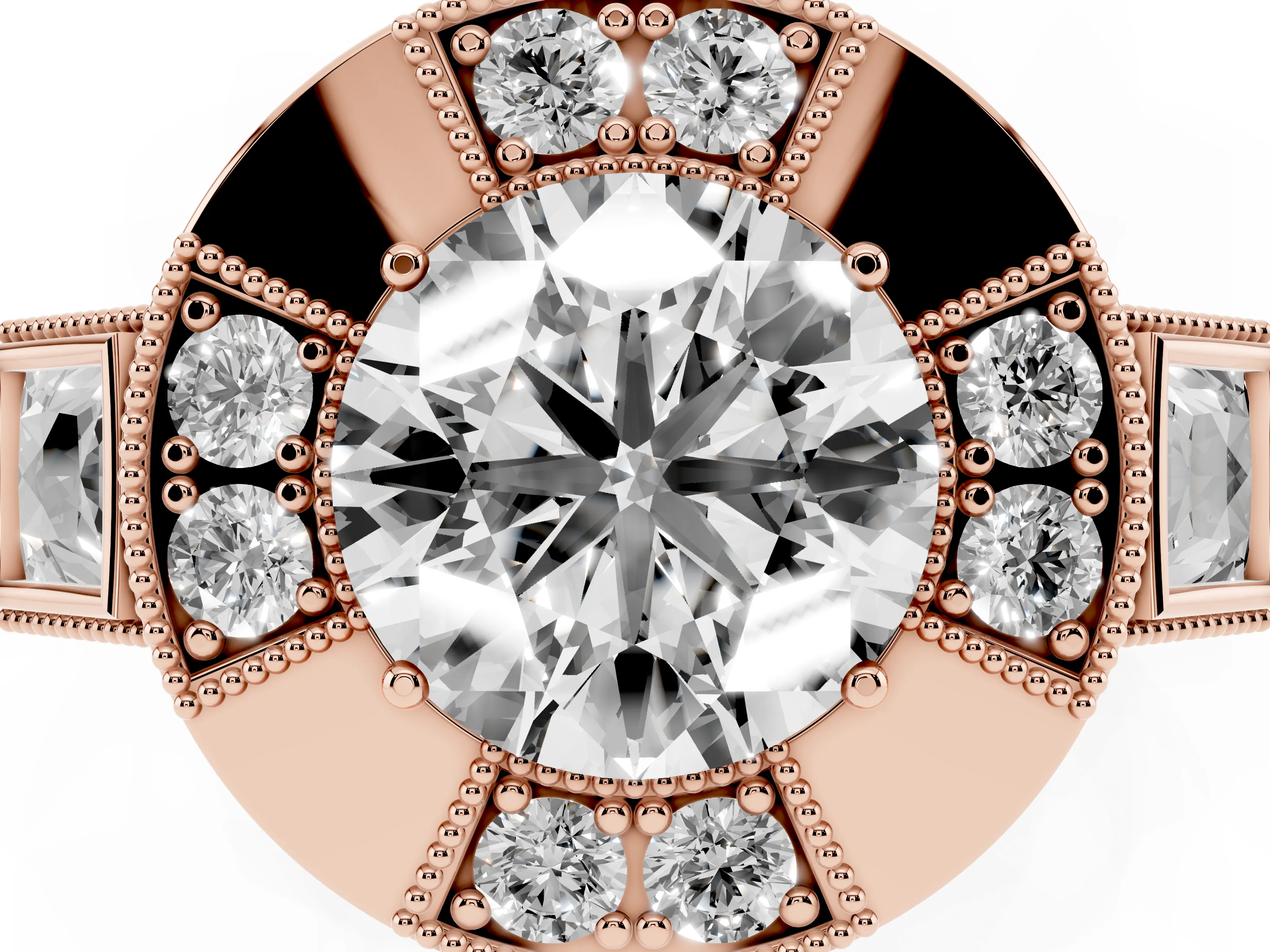 Round Cut Diamond Milgrain Halo Ring Set in Rose gold with Split Shank