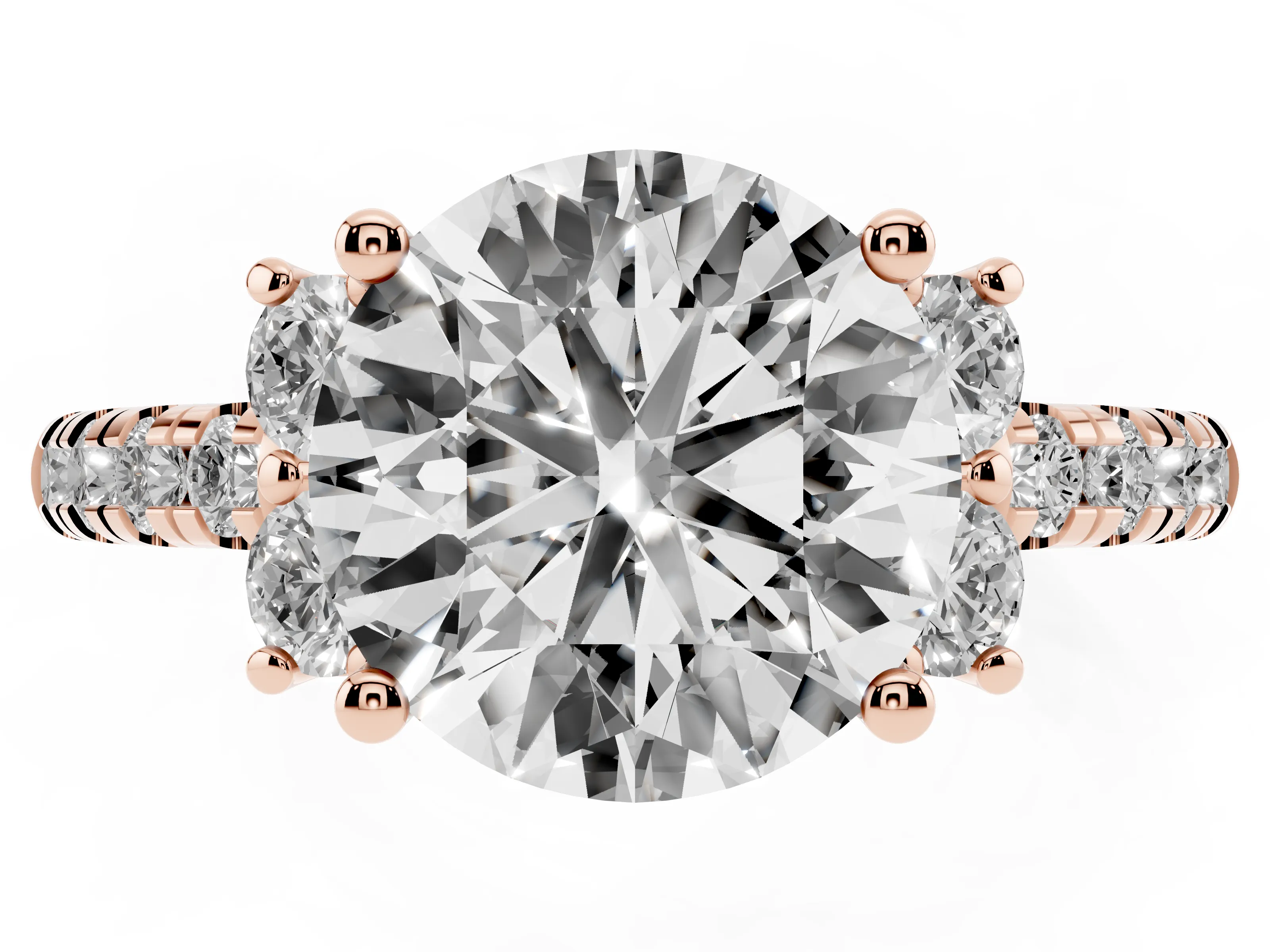Round Cut Diamond Three-Stone Pavé Ring Set in Rose gold with Prong Setting