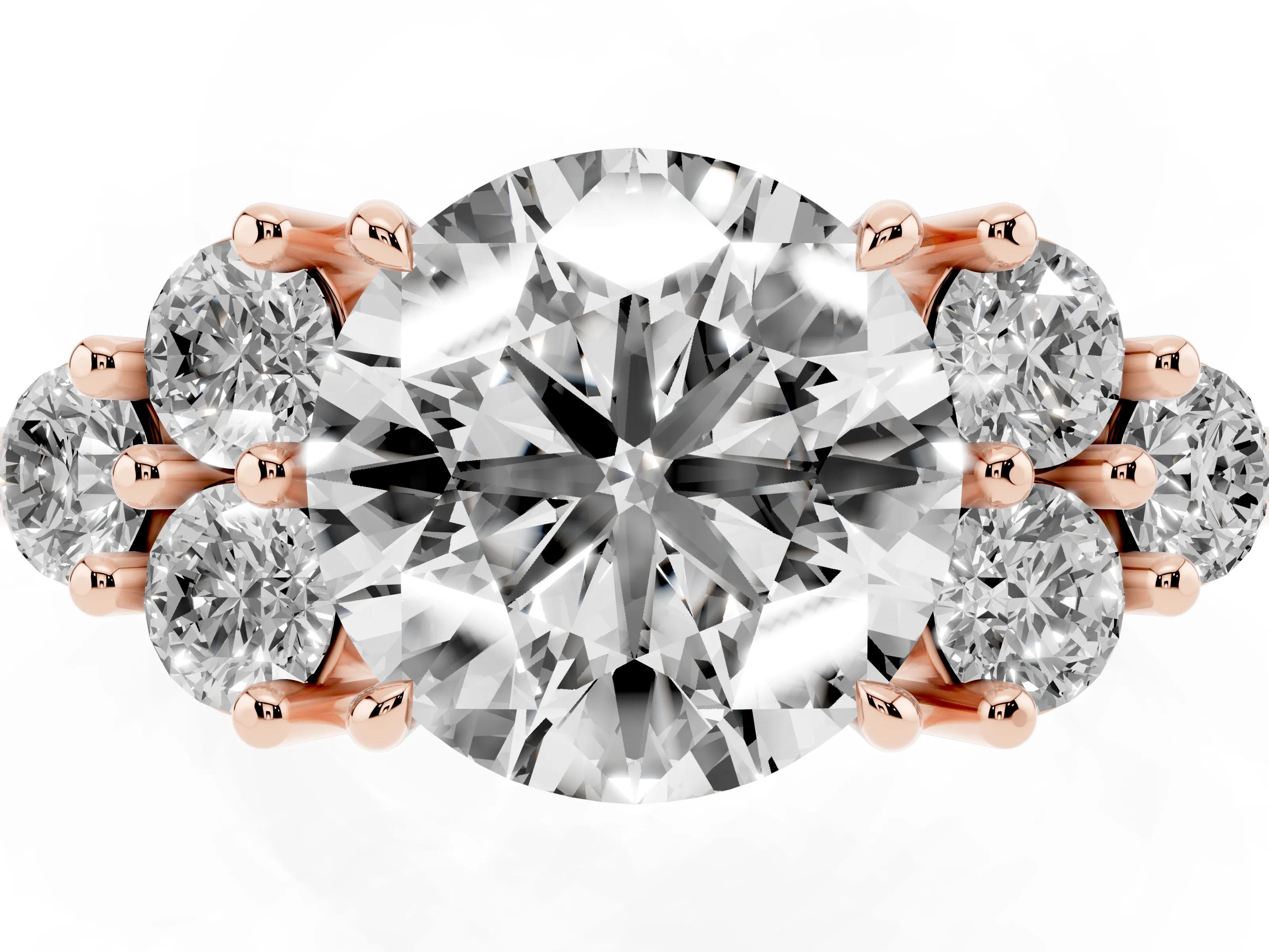 Round Cut Diamond Solitaire Ring Set in Rose gold with Cluster Accents on Each Side