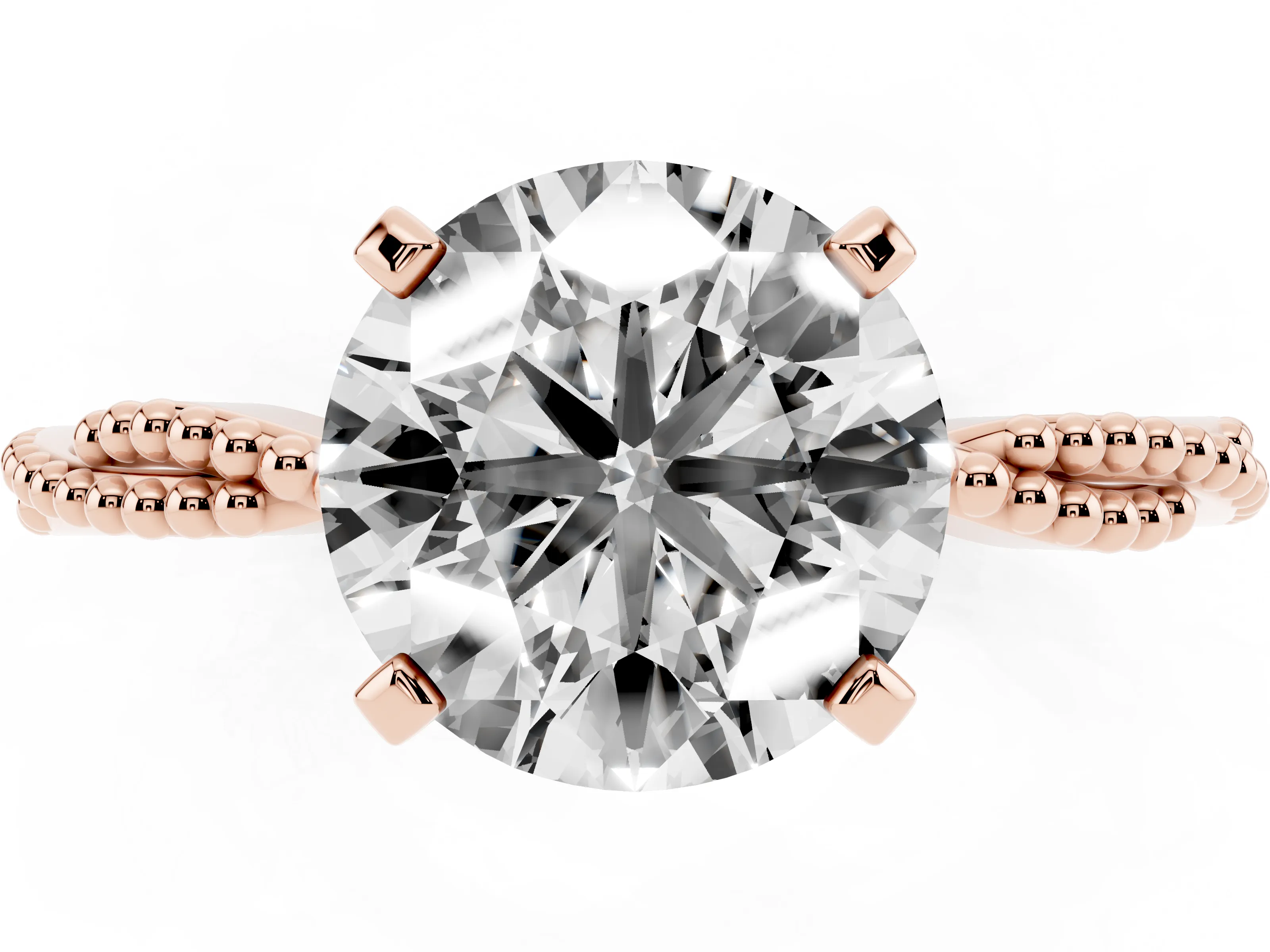 Round Cut Diamond Solitaire Ring Set in Rose gold with Twisted Band and Bead Prong Setting