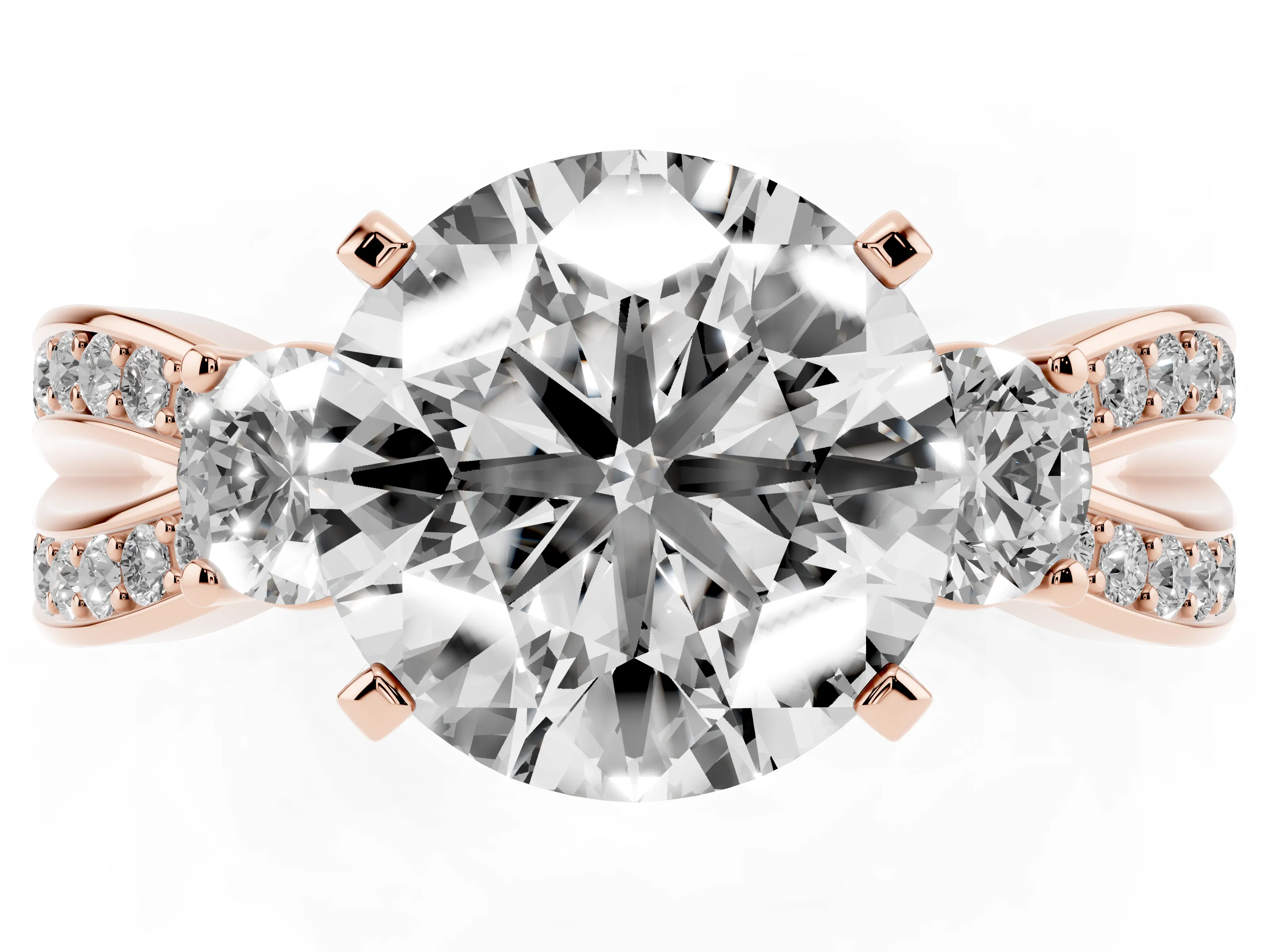 Three-Stone Round Cut Diamond Twist Band Ring Set in Rose gold with Pavé Accents and Prong Setting