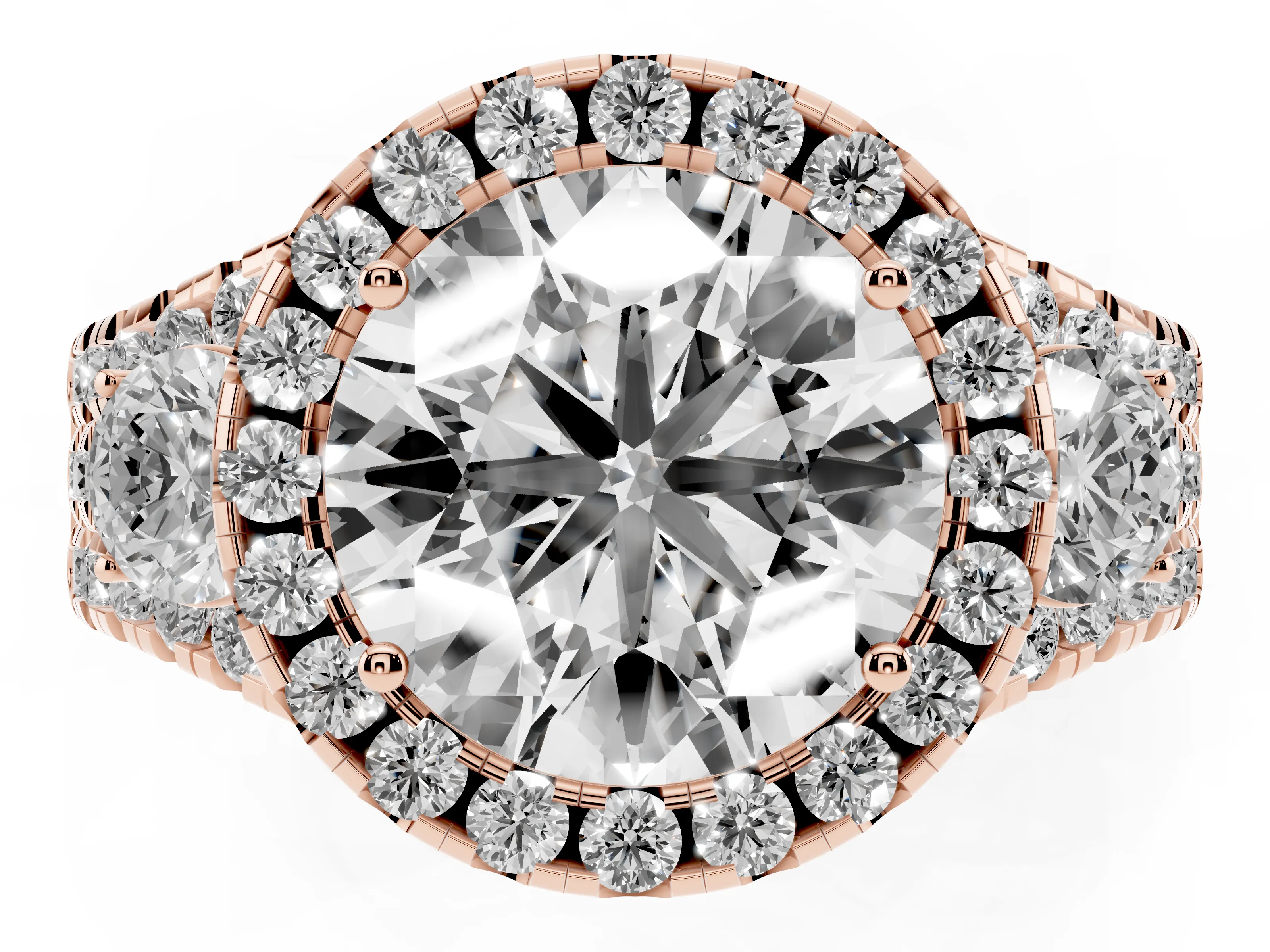 Round Cut Diamond Halo Split Shank Ring Set in Rose gold with Round Accent Stones and Prong Setting