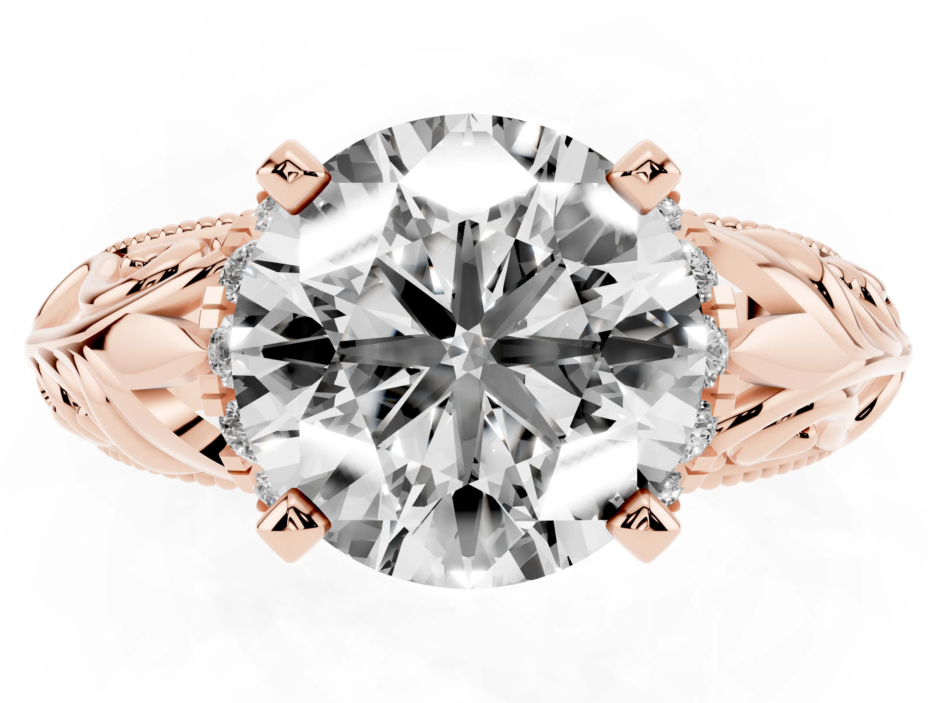 Round Cut Diamond Filigree Halo Engagement Ring Set in Rose gold with Prong Setting