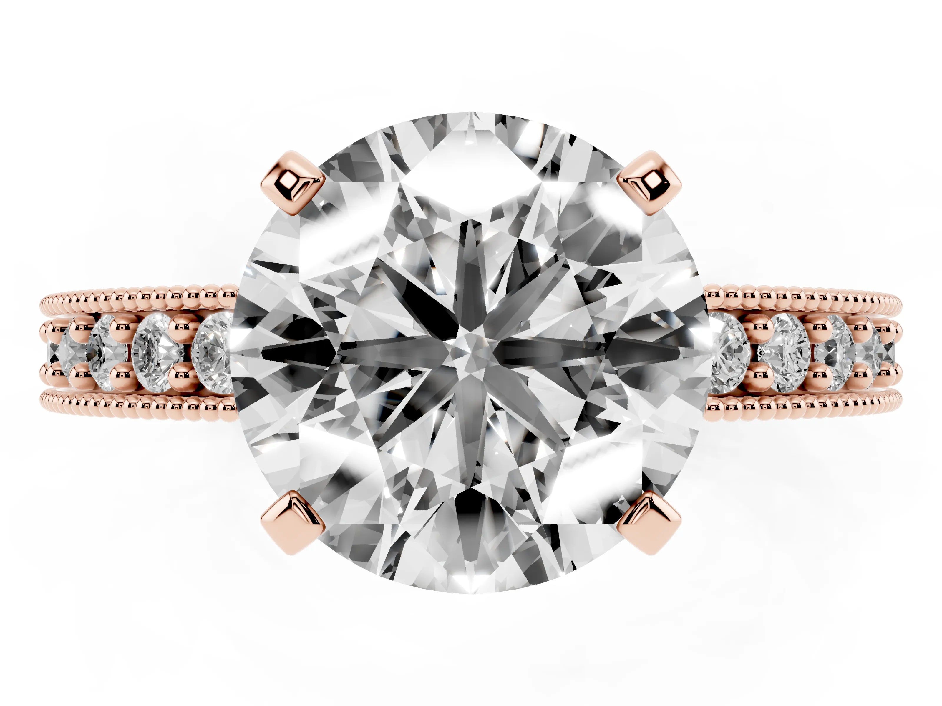 Round Cut Diamond Milgrain Pavé Engagement Ring Set in Rose gold with Prong Setting