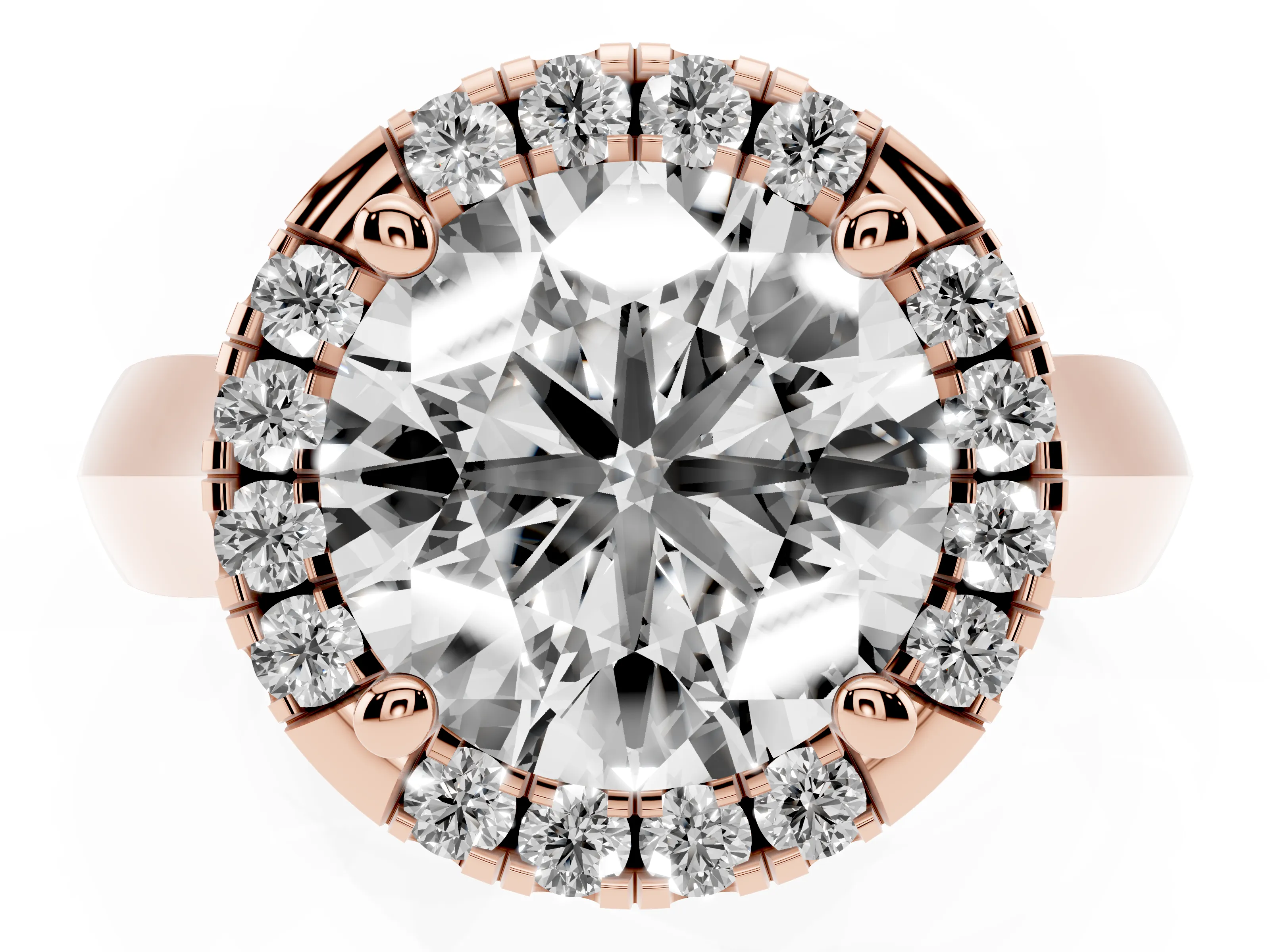 Round Cut Diamond Halo Solitaire Engagement Ring Set in Rose gold with Square Band and Prong Setting