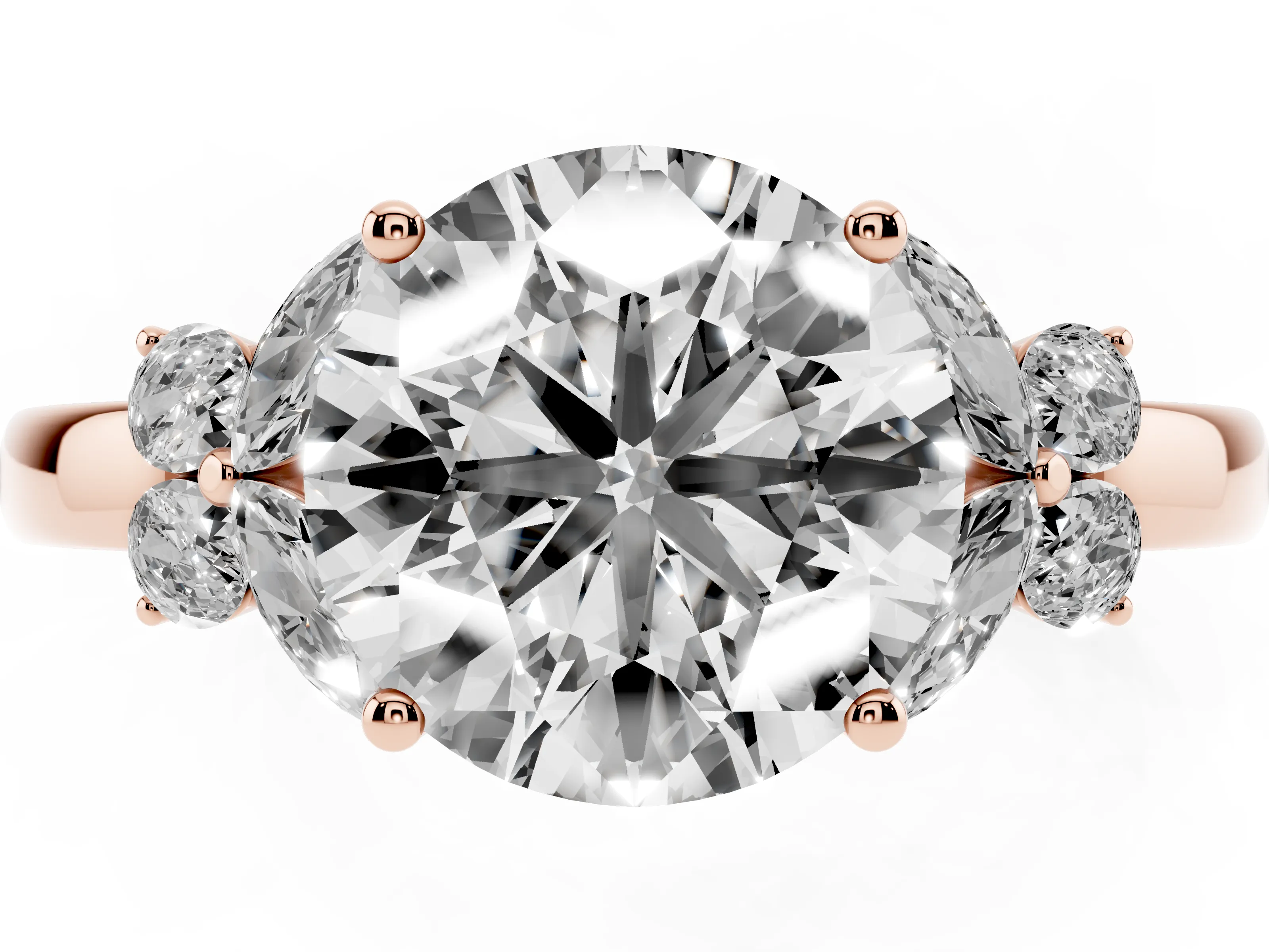 Round Cut Diamond Solitaire Floral Ring Set in Rose gold with Marquise Petals and Prong Setting